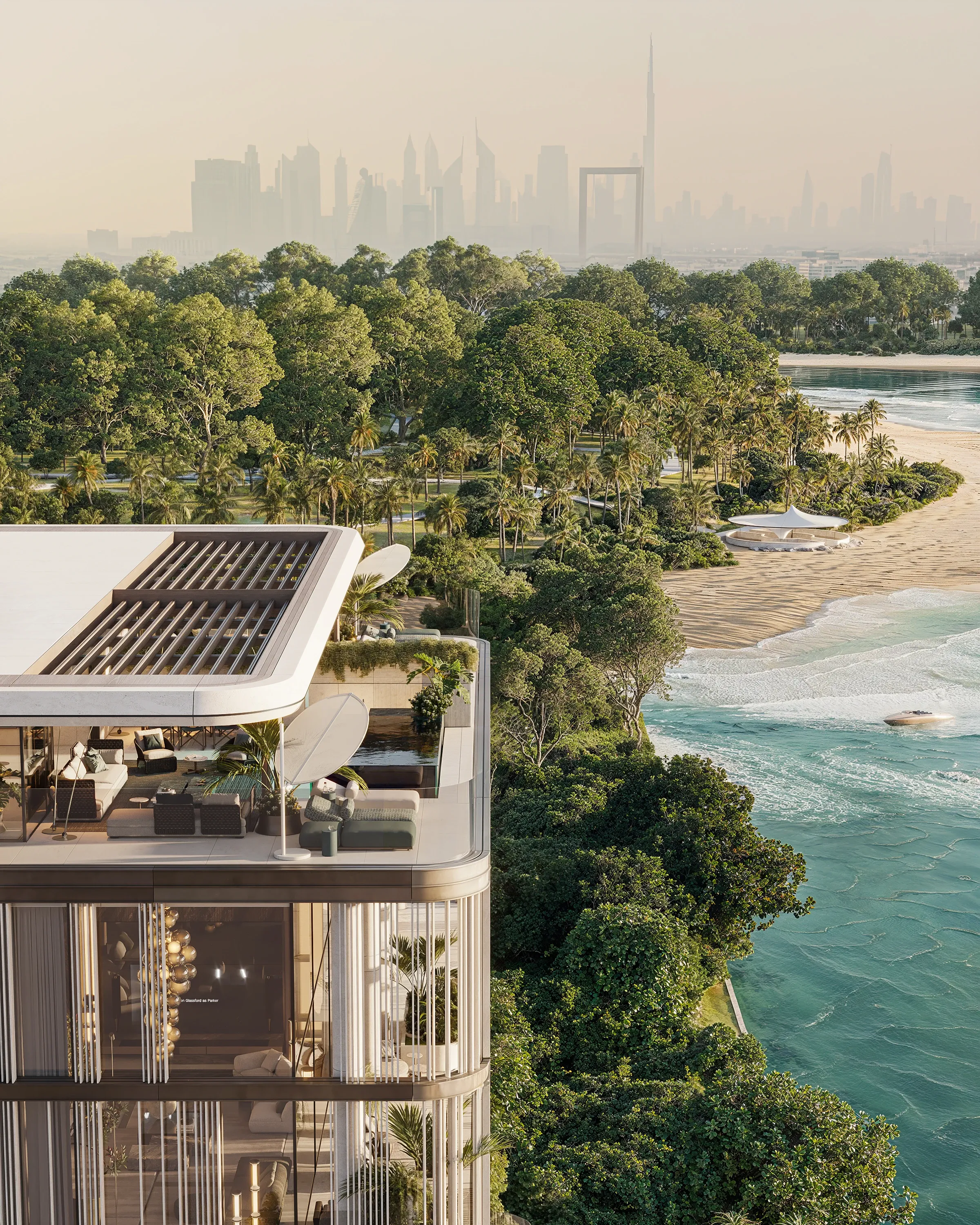 Rooftop terrace with pool overlooking lagoon beach and Dubai skyline, The Lagoon Residents' Club, Dubai
