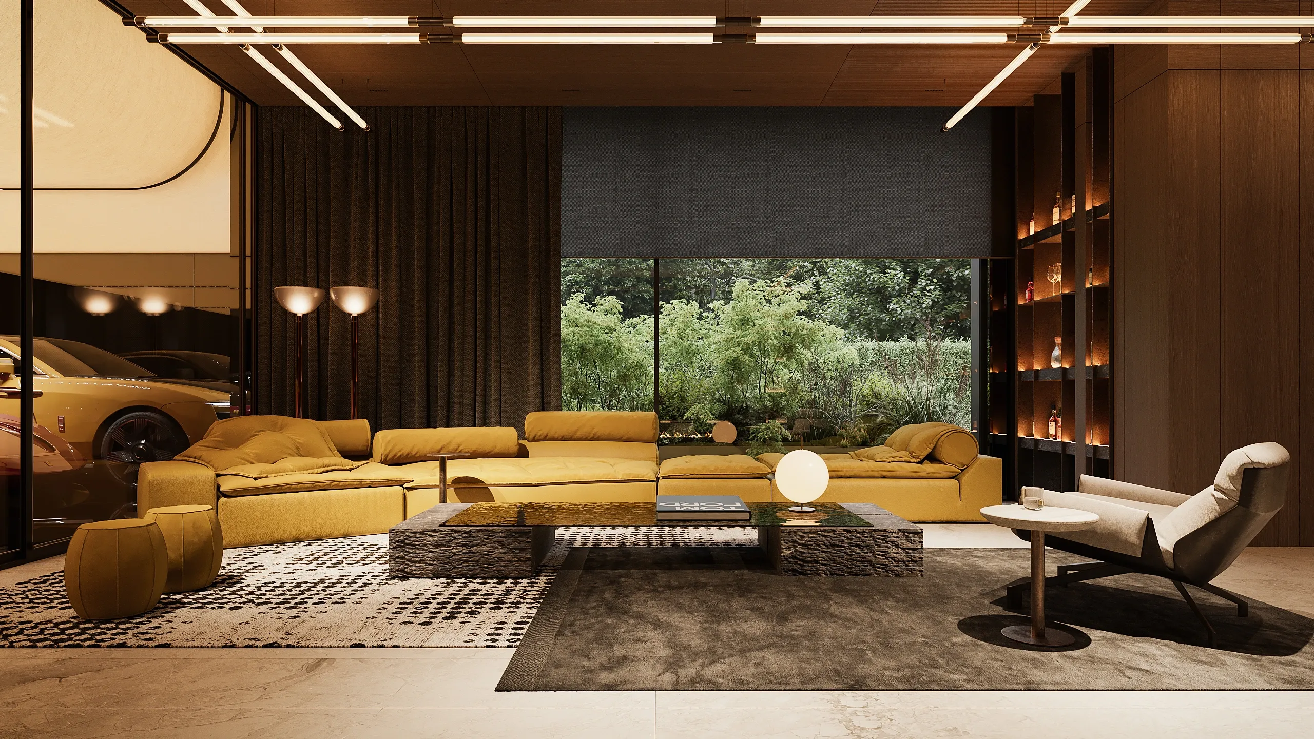 Living room with yellow sectional sofa facing garden window at dusk, The Grand Atrium Mansion, Poland