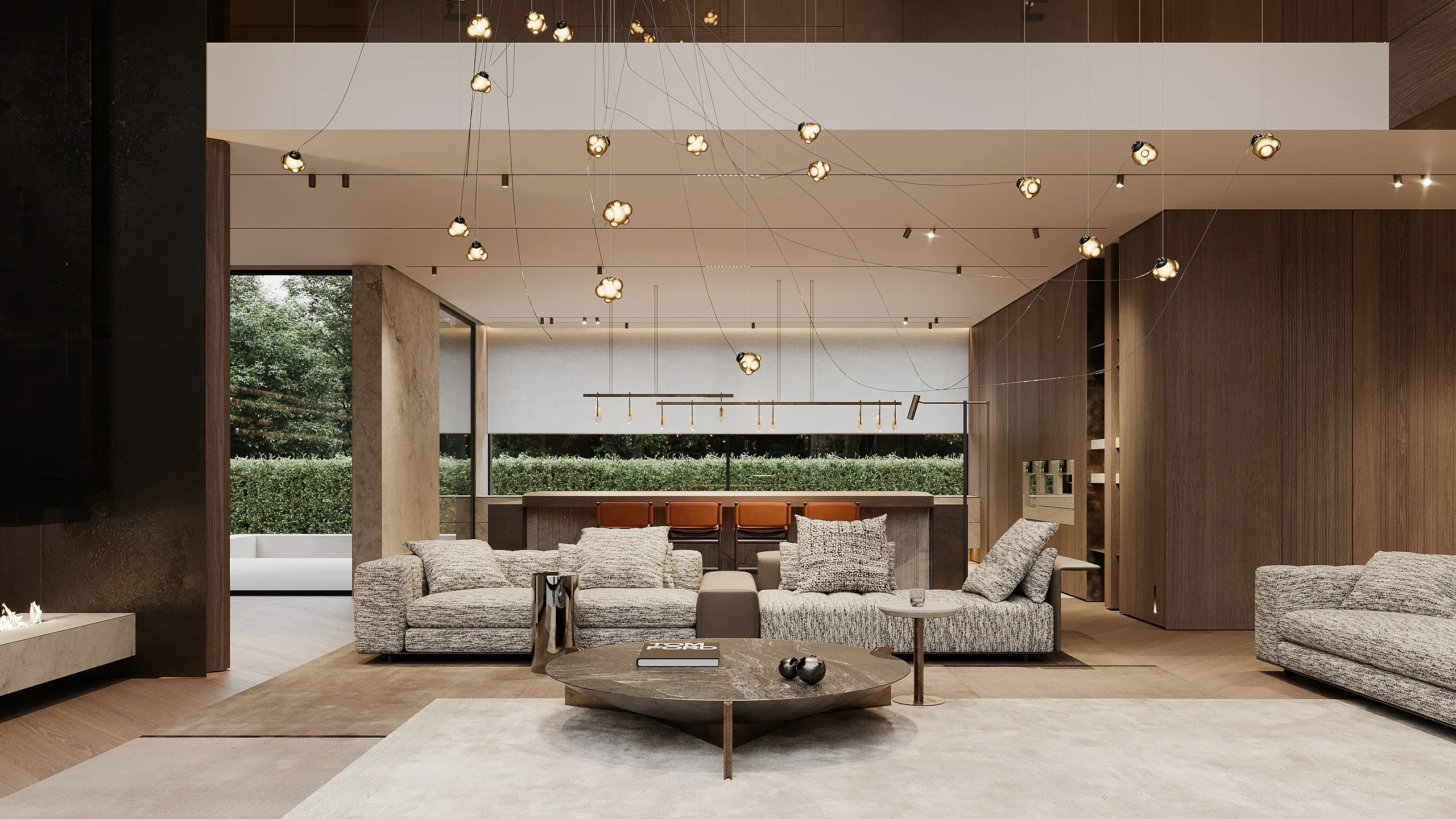 Living room with grey sofas, bubble pendants and view to garden terrace, The Grand Atrium Mansion, Poland