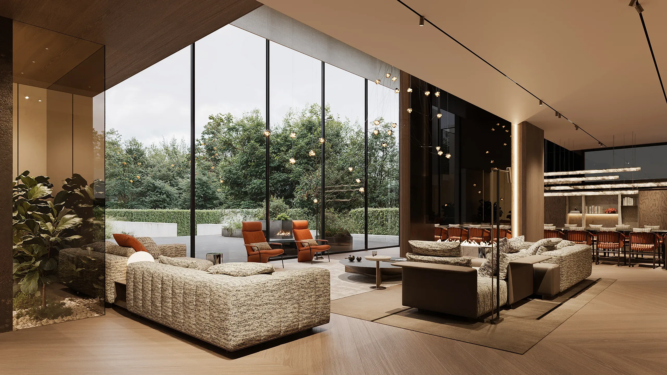 Living lounge with floor-to-ceiling glass wall opening onto garden terrace, The Grand Atrium Mansion, Poland
