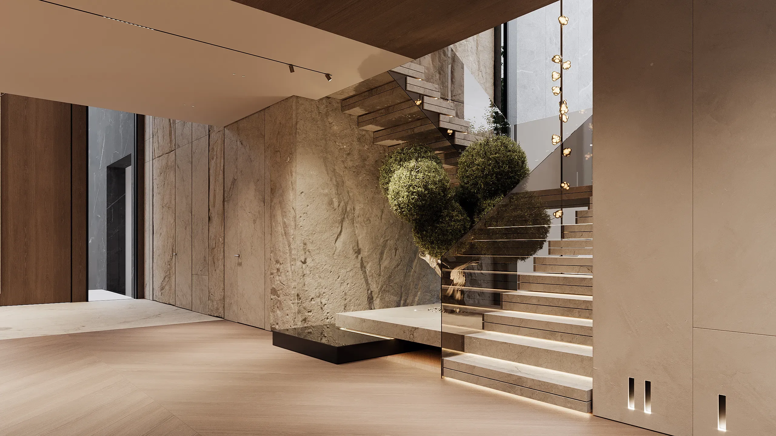 Floating staircase with stone wall and greenery between steps, The Grand Atrium Mansion, Poland