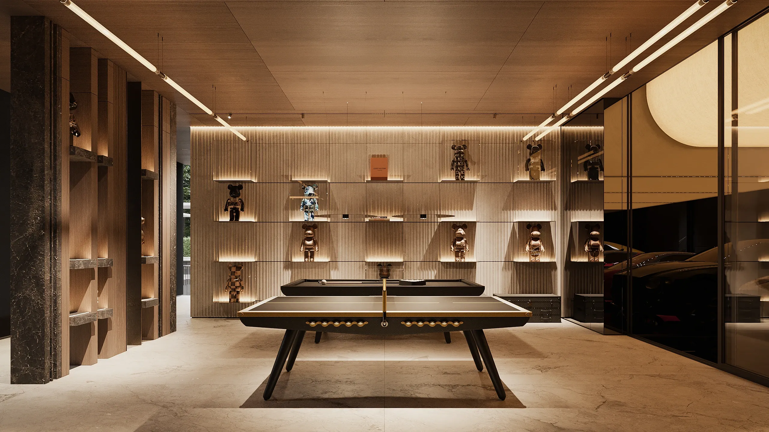 Games room with ping pong table and lit shelving for collectibles, The Grand Atrium Mansion, Poland