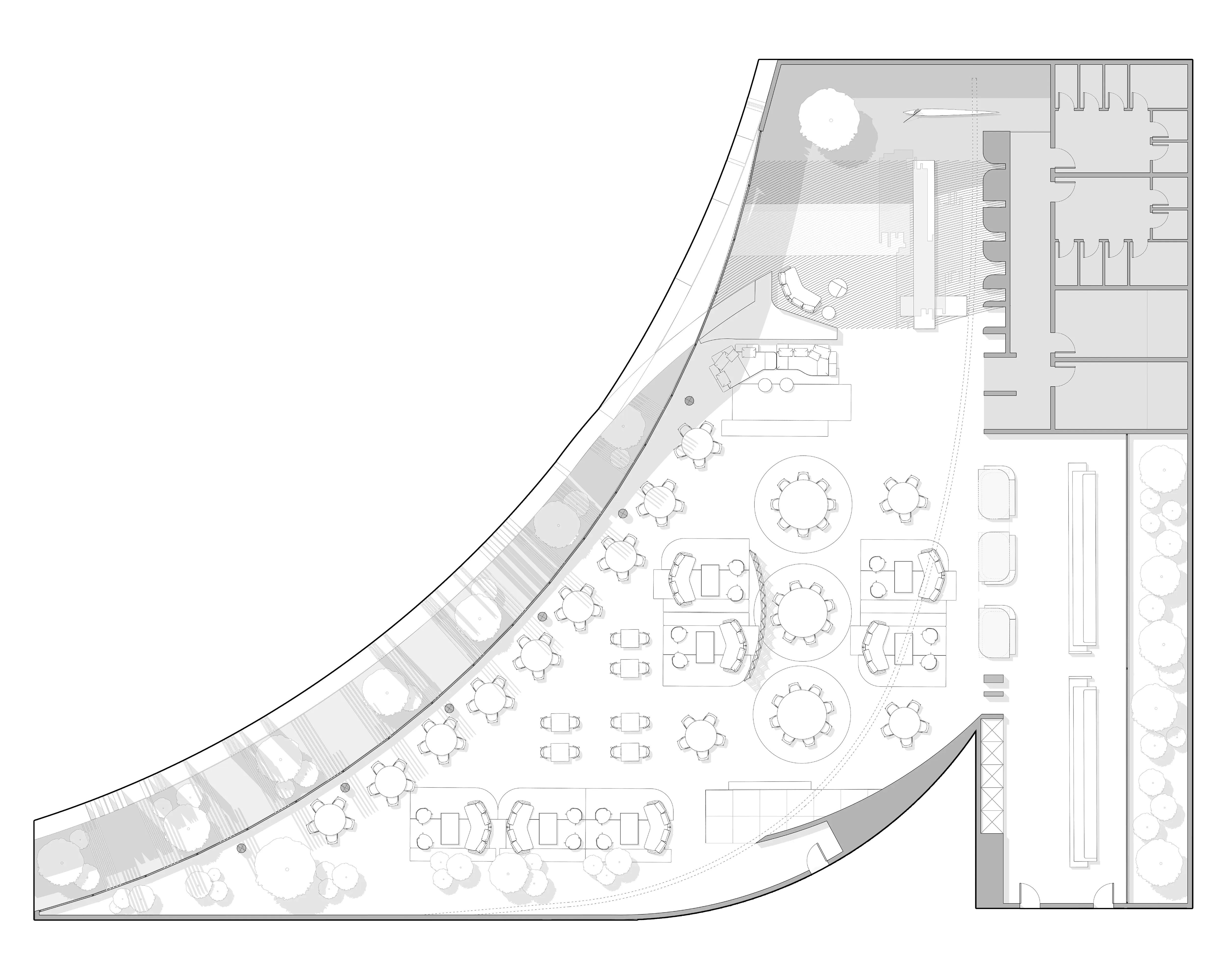 Floor plan of curved dining hall with round tables and bar counter, Masaya Restaurant, The Ritz-Carlton Bahrain