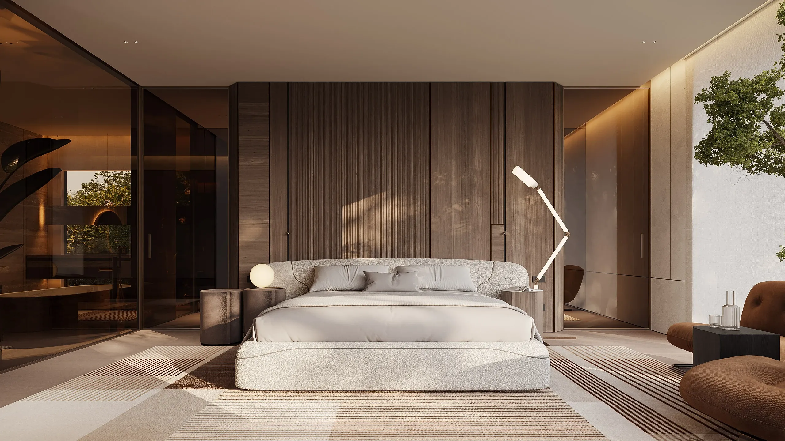 Bedroom with upholstered bed, timber wall and garden view, The Saucon Valley Residence, Pennsylvania