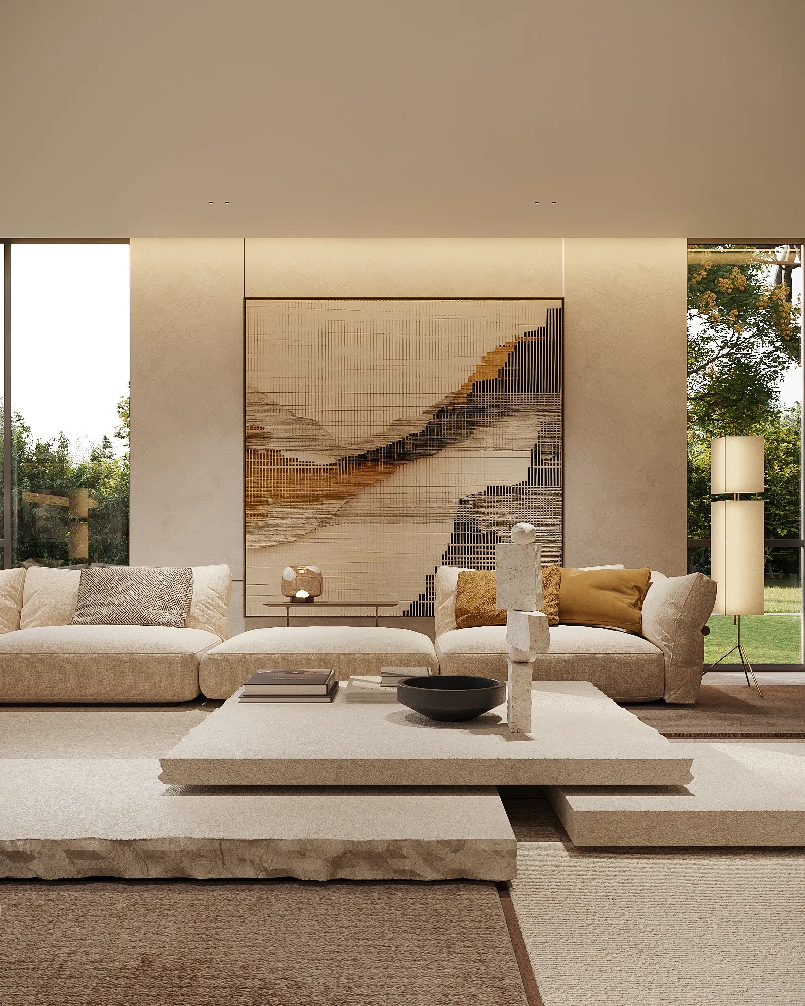 Living room with abstract artwork, sectional sofa and stone table overlooking lawn, The Saucon Valley Residence, Pennsylvania