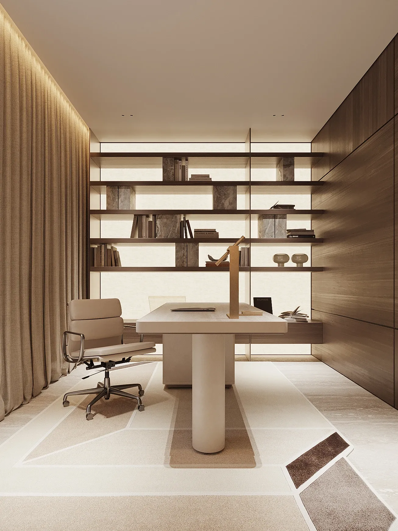 Study with sculptural desk, wood paneling and backlit shelving, The Saucon Valley Residence, Pennsylvania