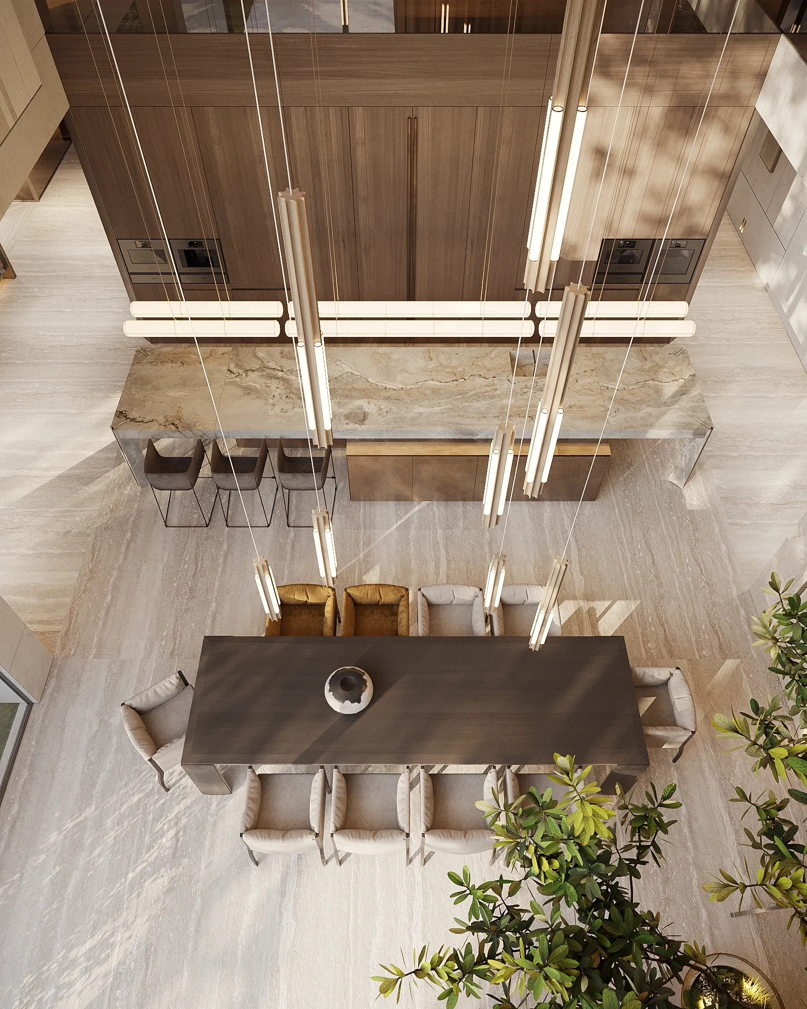 Aerial view of dining table and stone kitchen island, The Saucon Valley Residence, Pennsylvania