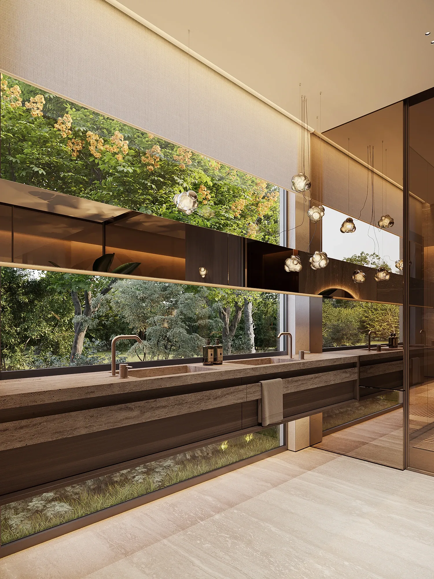 Double stone vanity bathroom with glass pendants and forest view, The Saucon Valley Residence, Pennsylvania
