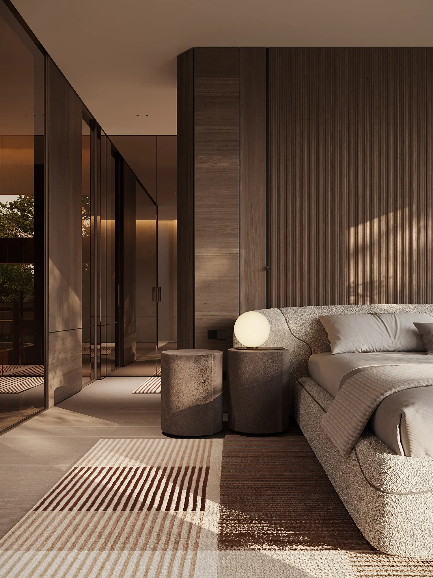 Bedroom with wood paneling and sunset light through glass doors, The Saucon Valley Residence, Pennsylvania