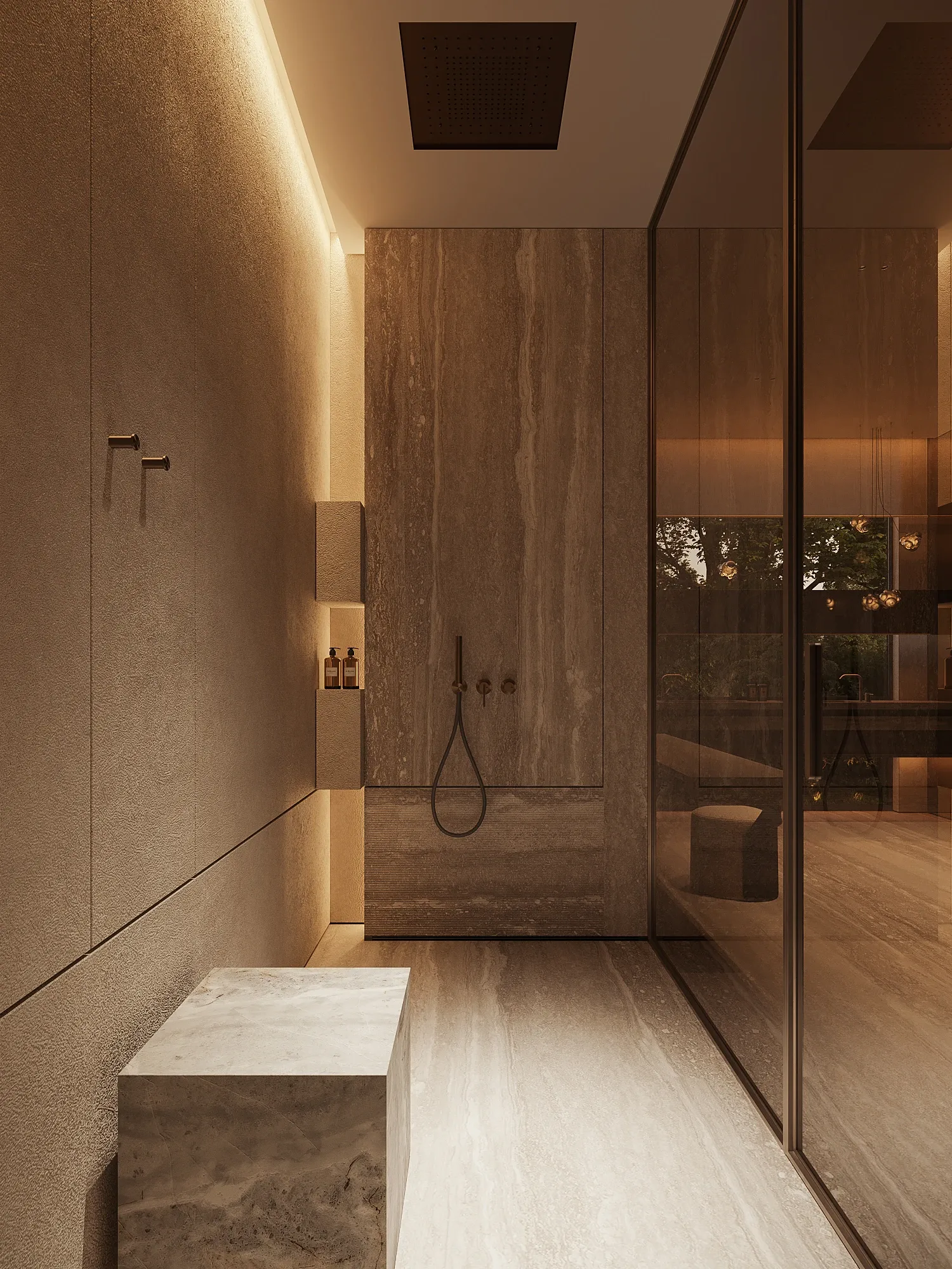 Travertine shower with rain head and glass partition at night, The Saucon Valley Residence, Pennsylvania