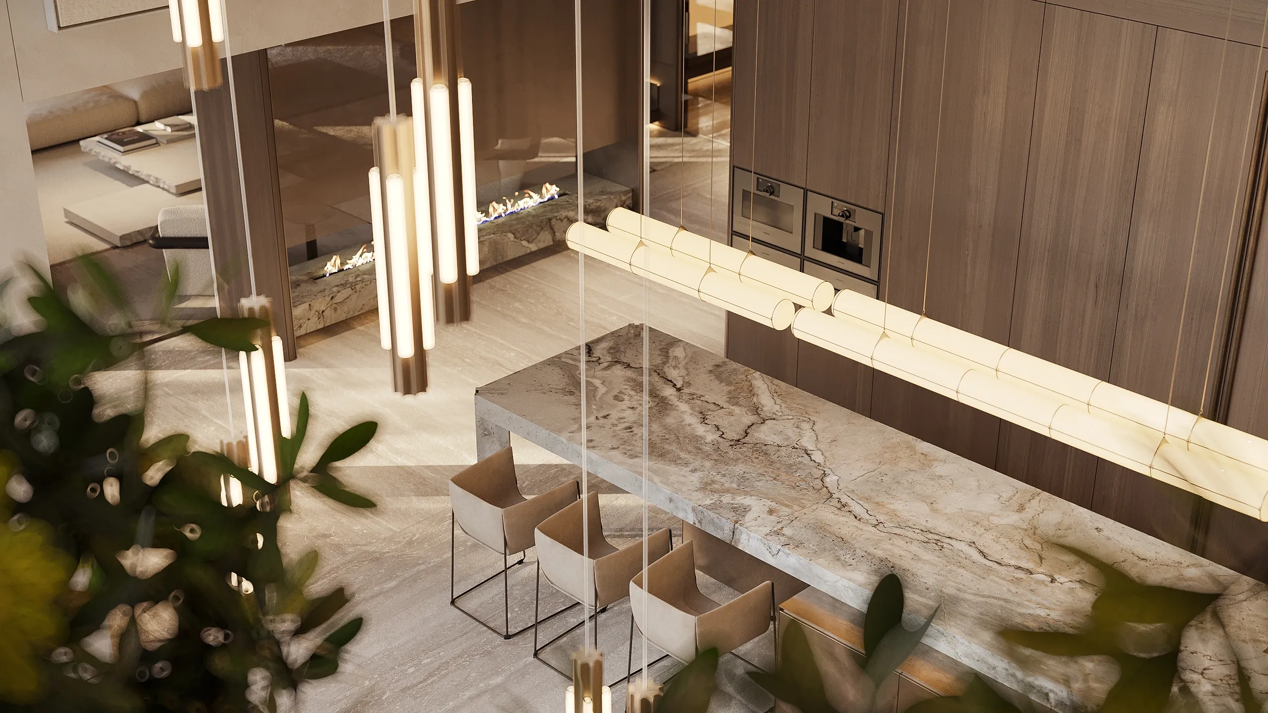 Elevated view of marble kitchen island, pendant lights and greenery, The Saucon Valley Residence, Pennsylvania