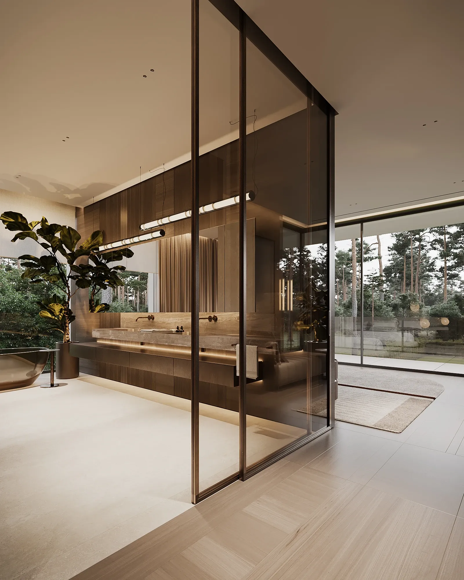 Bathroom with stone double vanity viewed through glass partition to garden, The Evergreen Residence, Warsaw