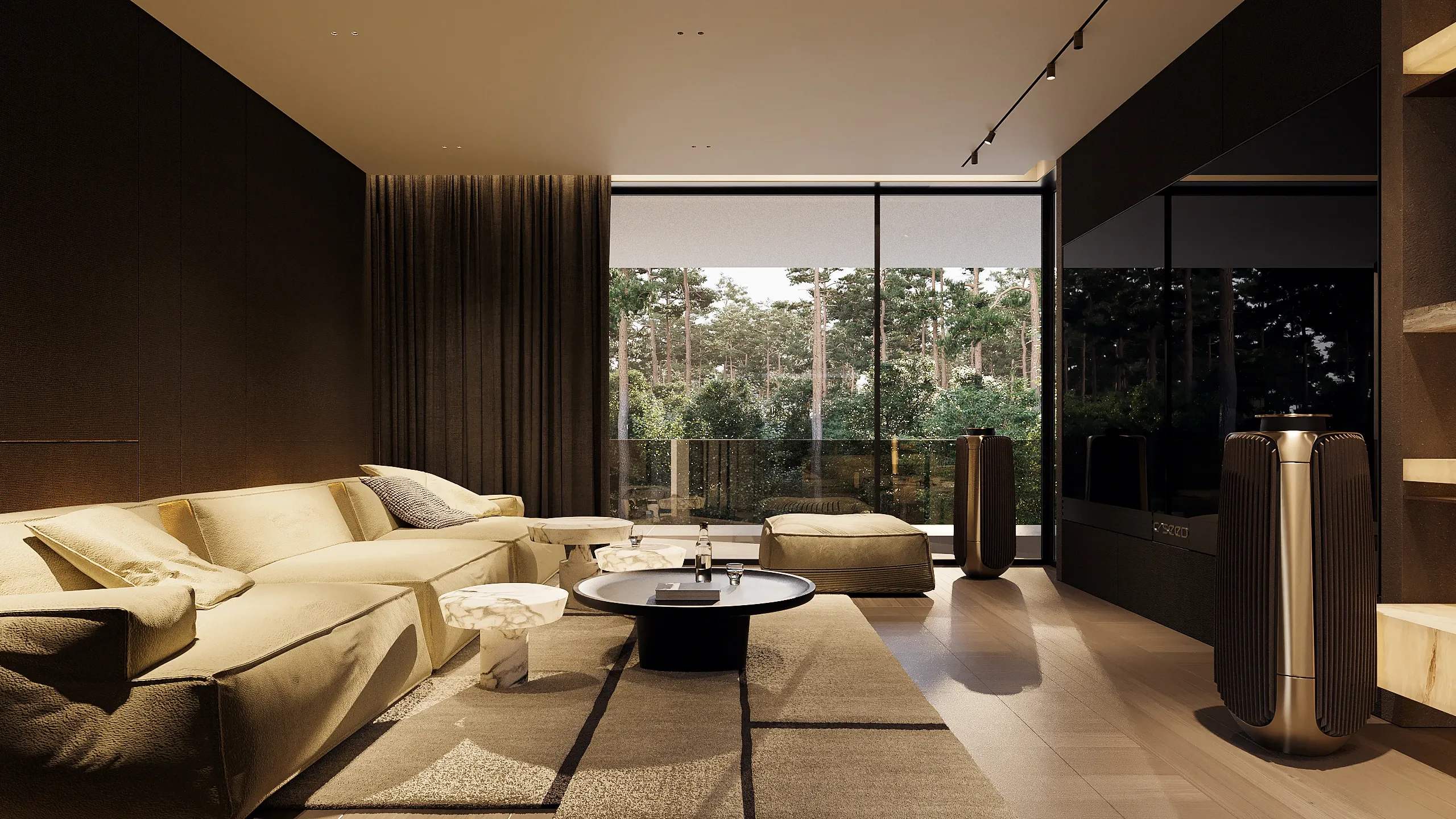Living room with beige sofa and floor-to-ceiling forest view at dusk, The Evergreen Residence, Warsaw