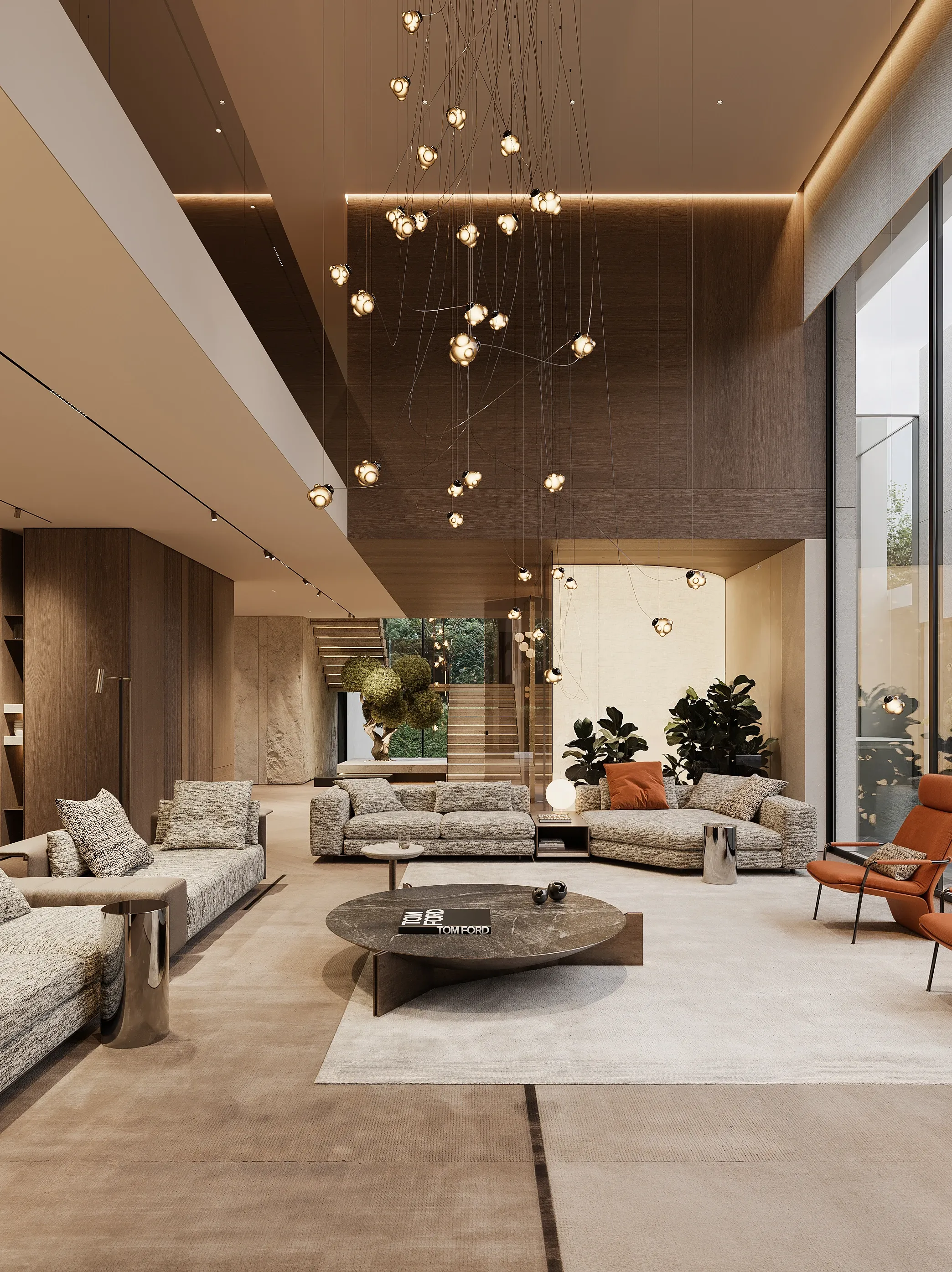 Double-height living room with cascading lights, grey sofas and garden view, The Grand Atrium Mansion, Poland