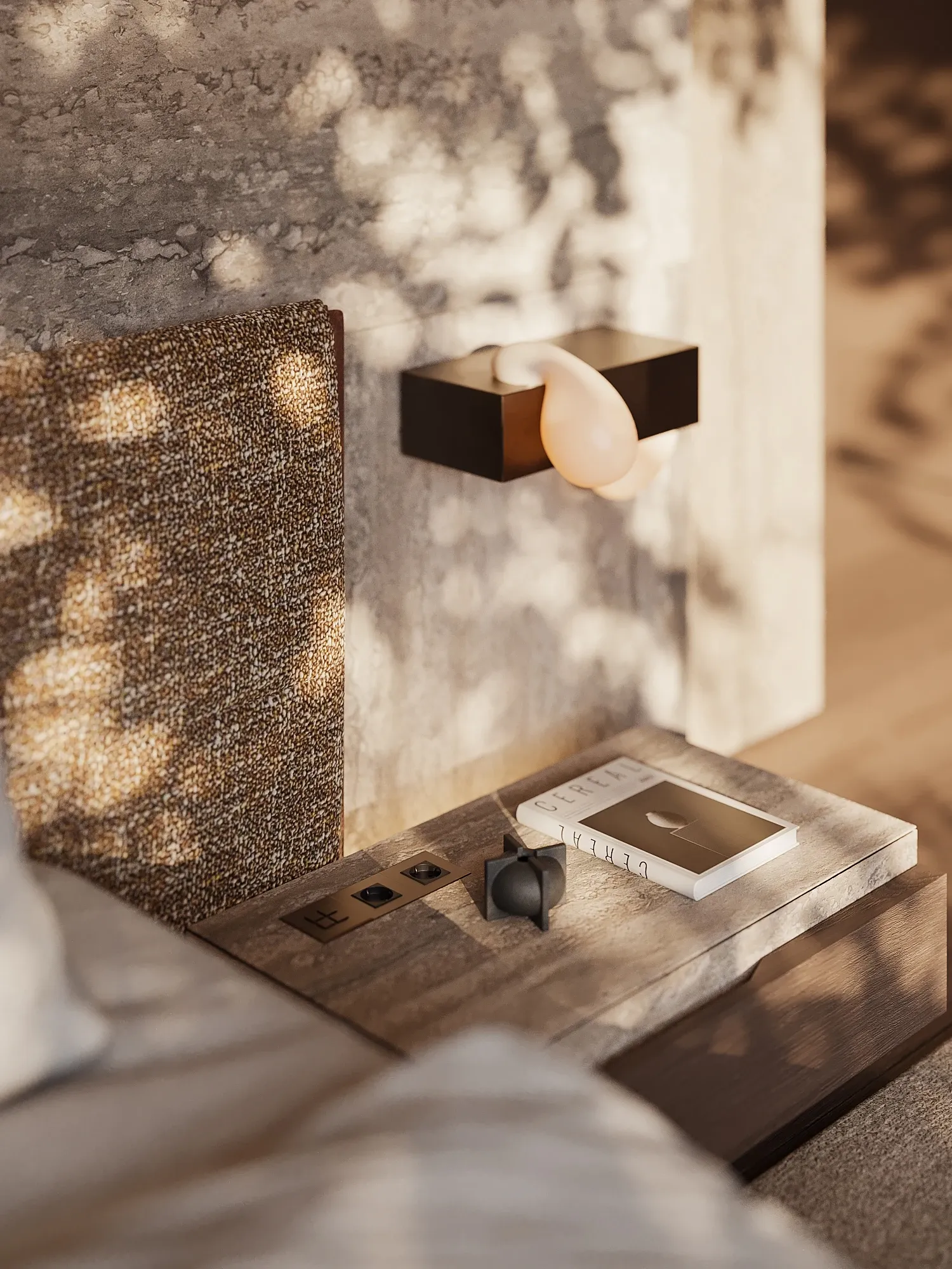 Bedside nightstand detail with sconce and dappled light, The Secret Court, Poland