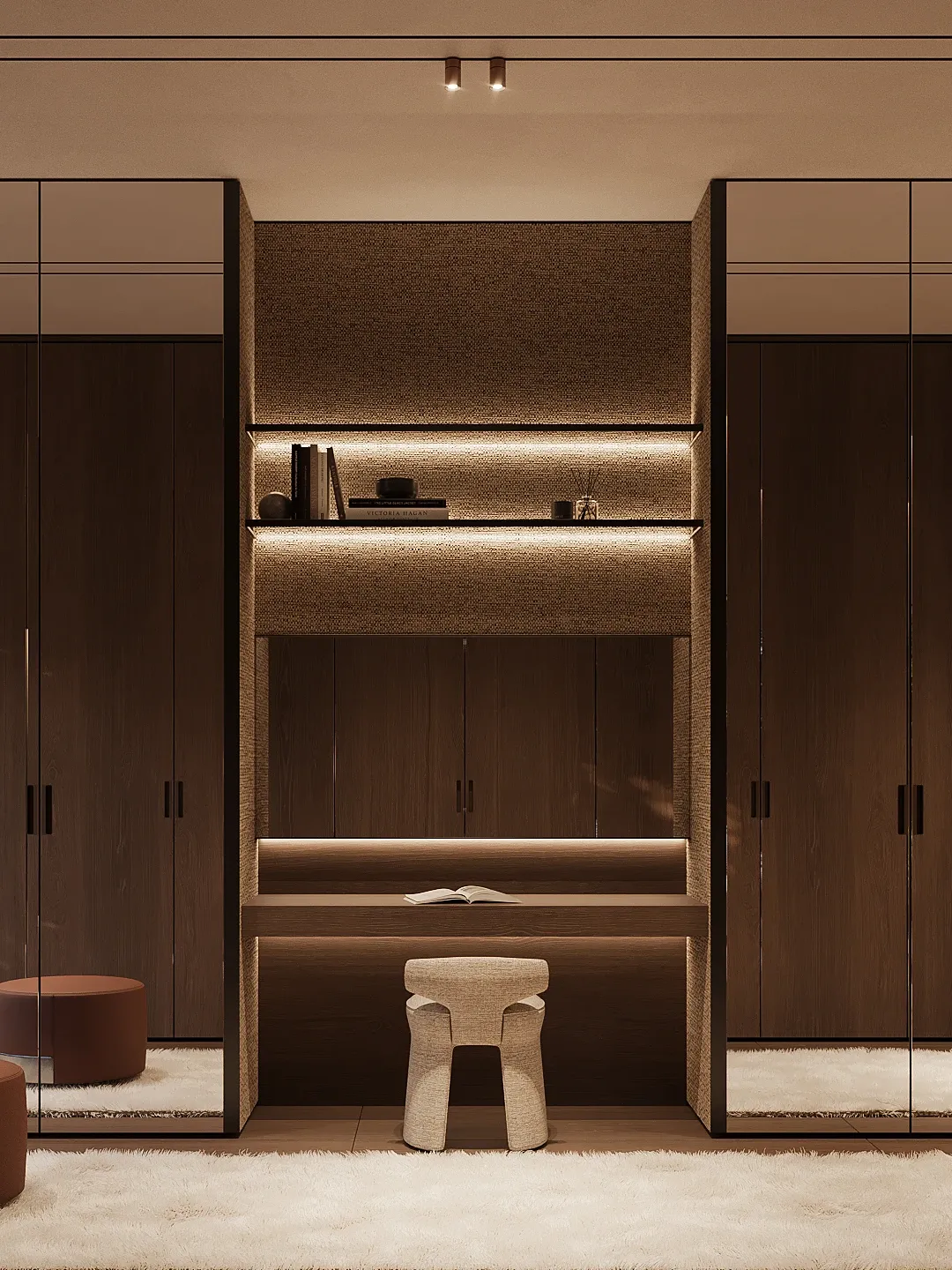 Dressing nook with backlit shelving and mirrored wardrobes, The Secret Court, Poland
