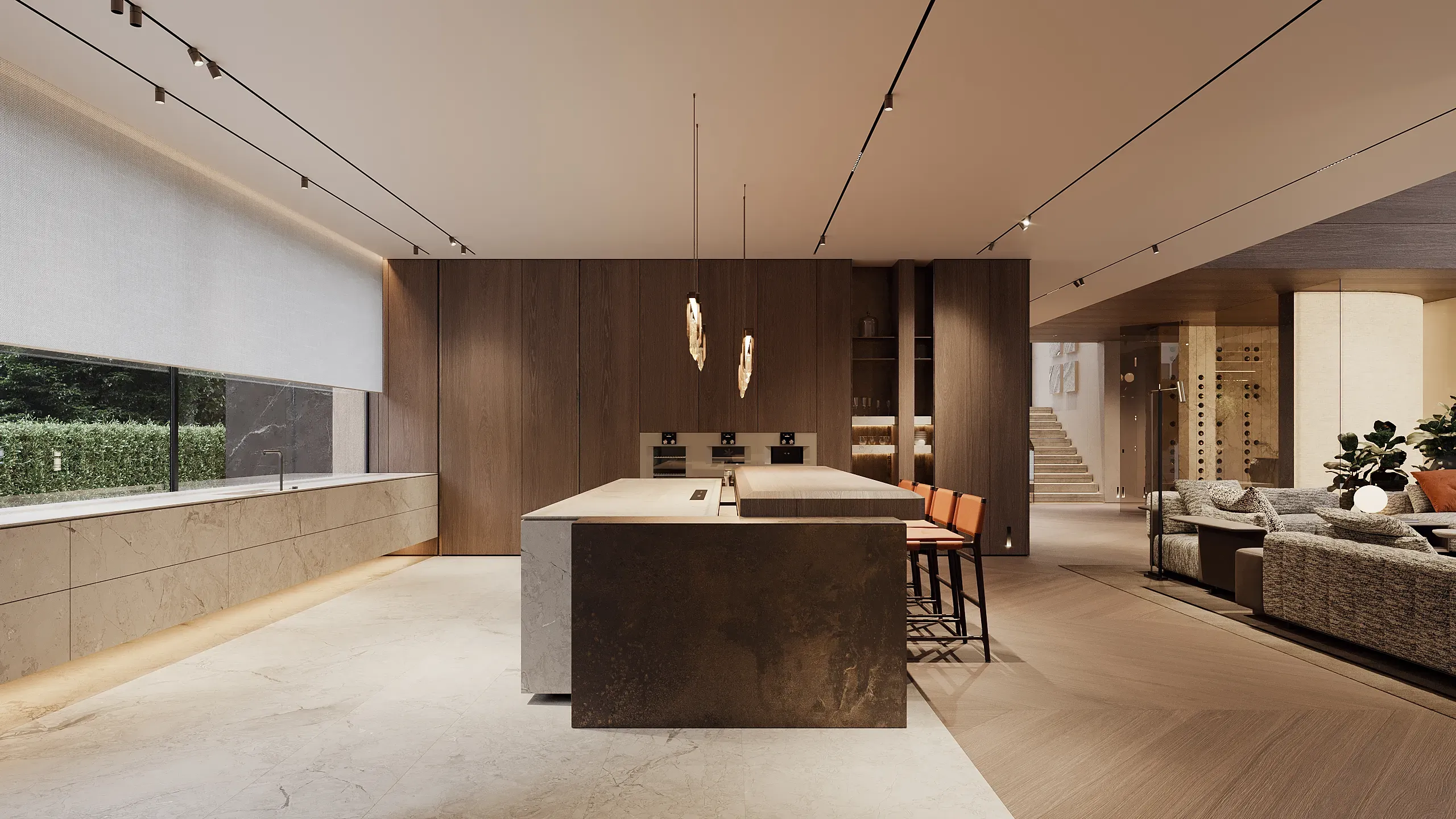 Kitchen with stone island, marble counter and dark wood paneling, The Grand Atrium Mansion, Poland