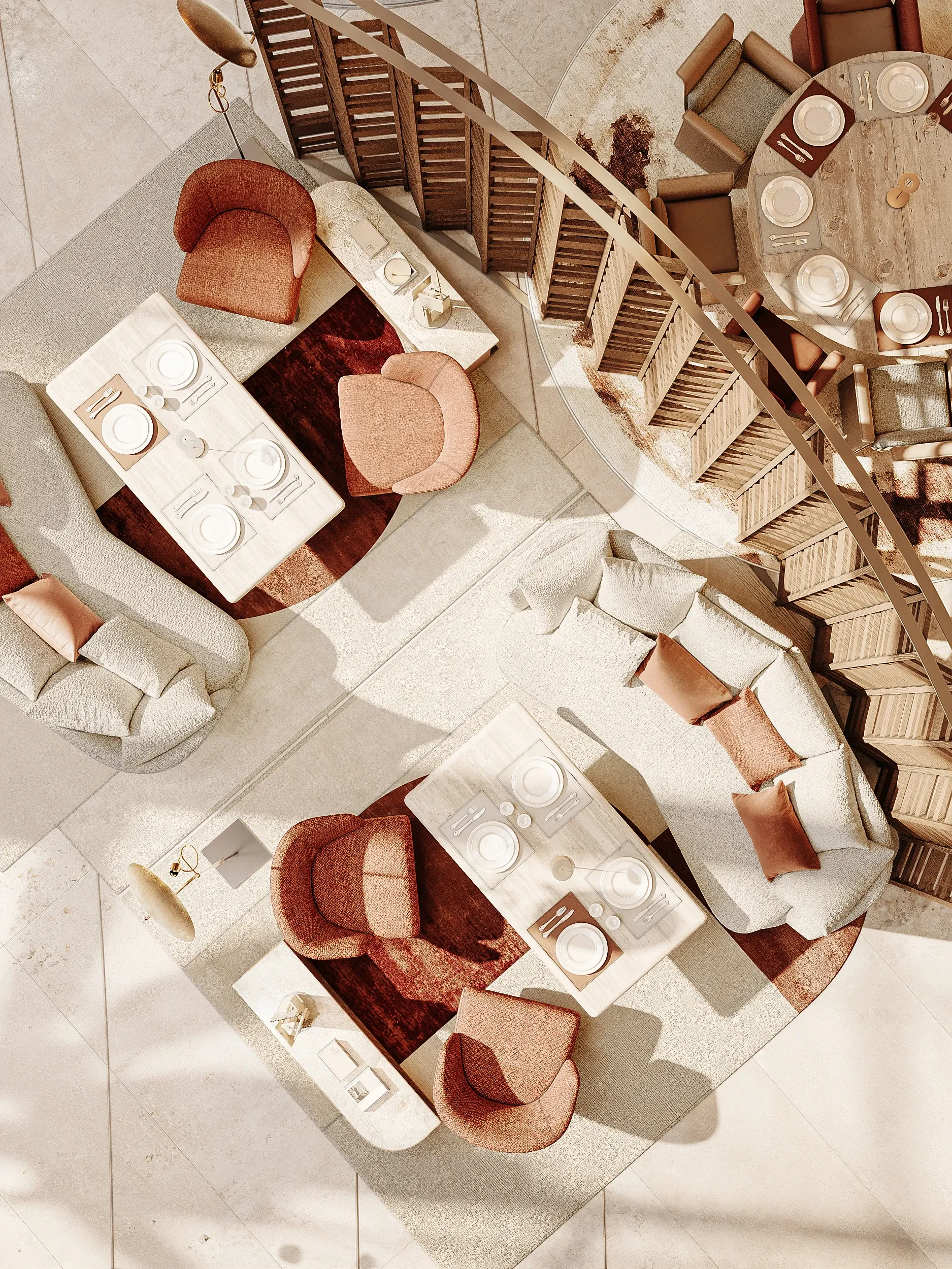Aerial view of dining tables and curved wooden staircase, Masaya Restaurant, The Ritz-Carlton Bahrain