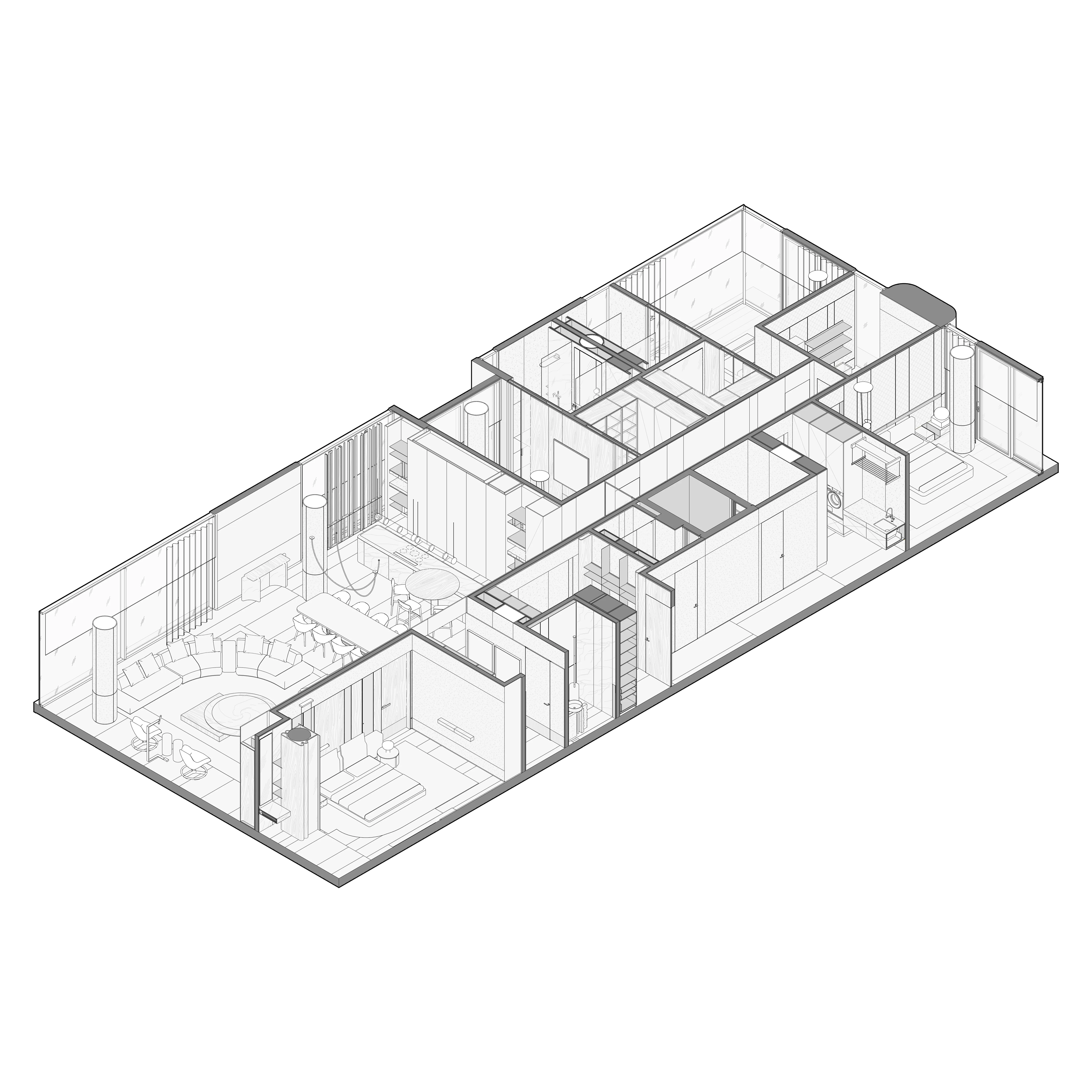 Axonometric drawing of residence plan with curved lounge and bedrooms, The Lagoon Residents' Club, Dubai