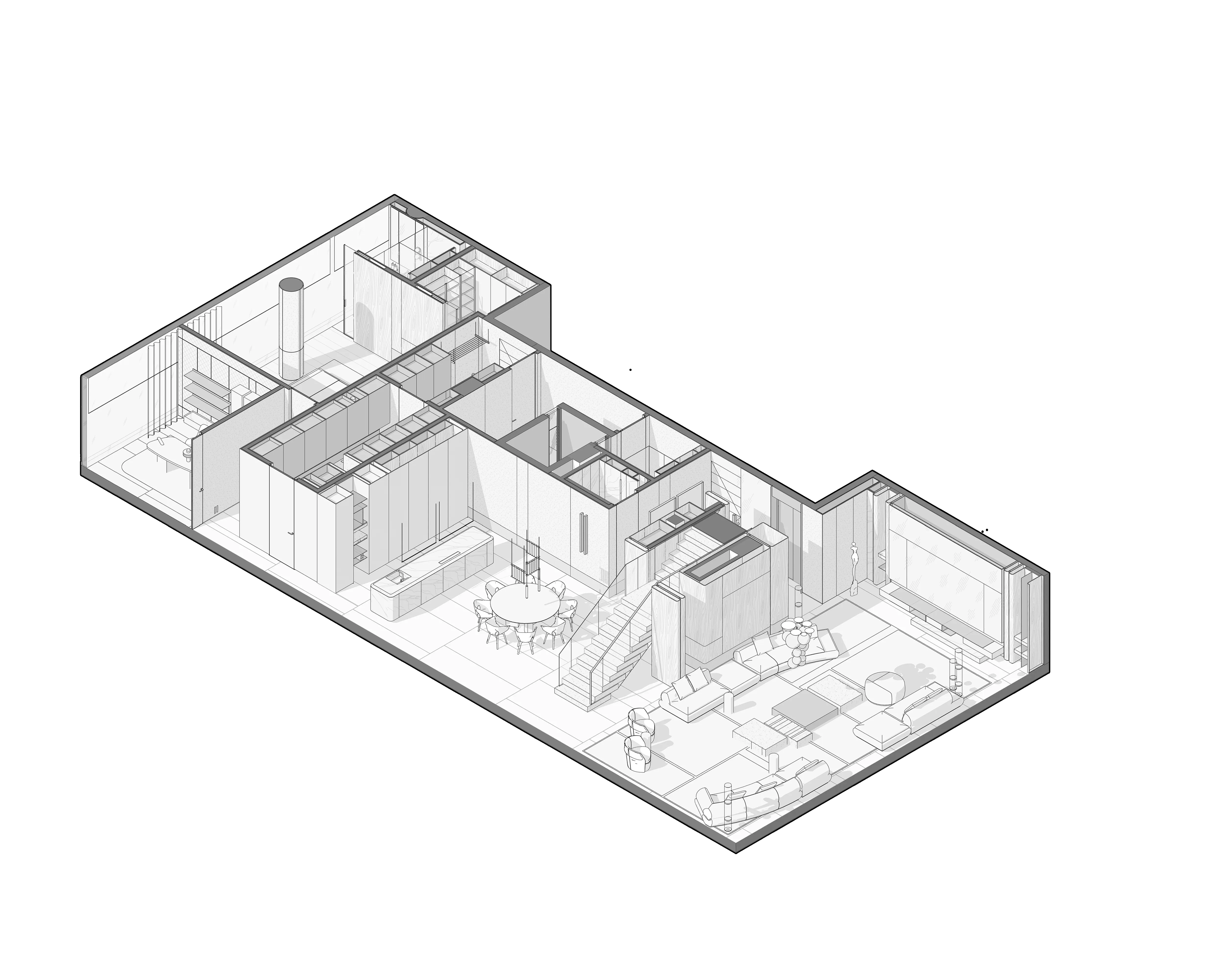 Axonometric drawing of apartment plan with kitchen, stairs and living area, The Lagoon Residents' Club, Dubai