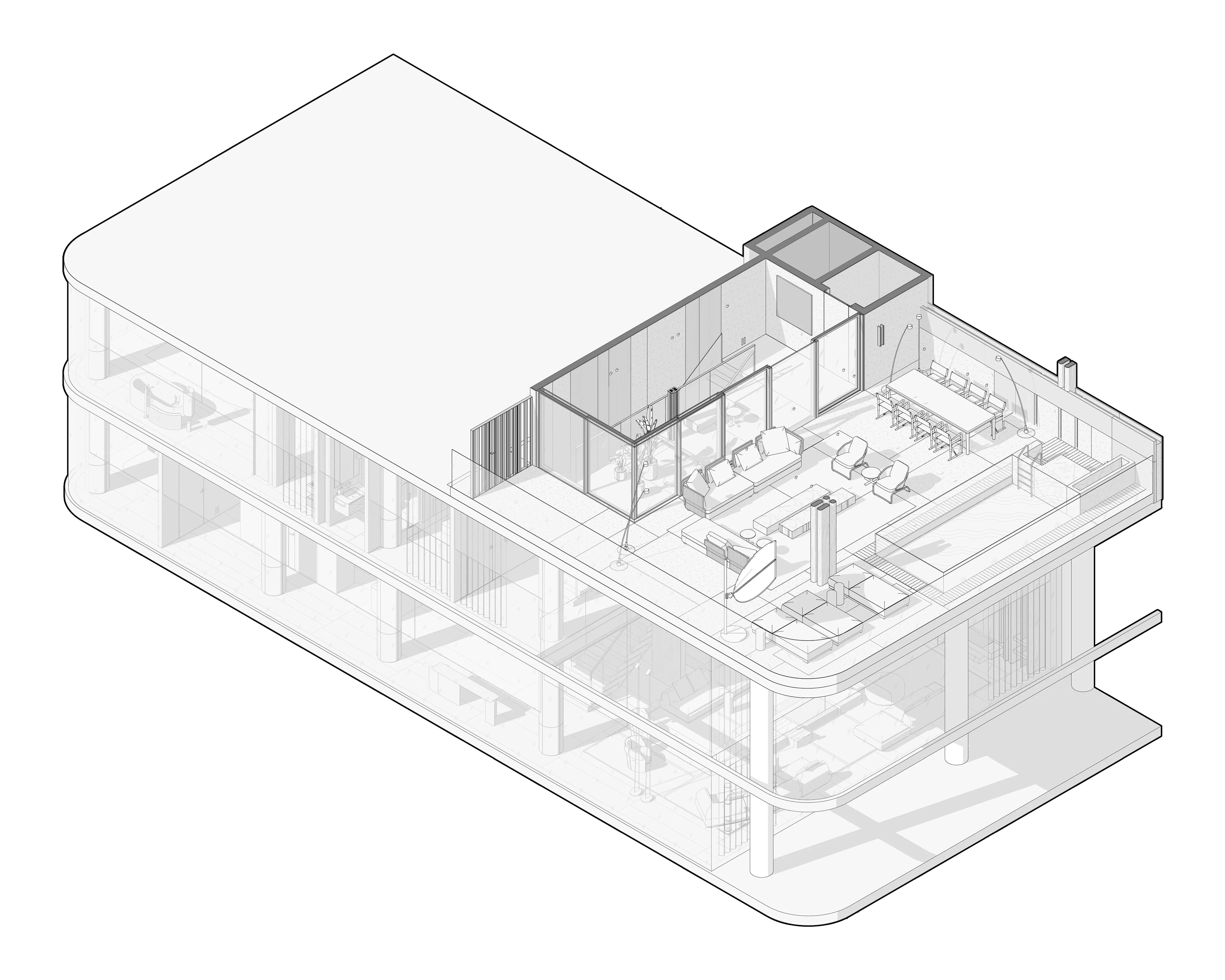 Axonometric drawing of rooftop lounge level with terrace and dining area, The Lagoon Residents' Club, Dubai
