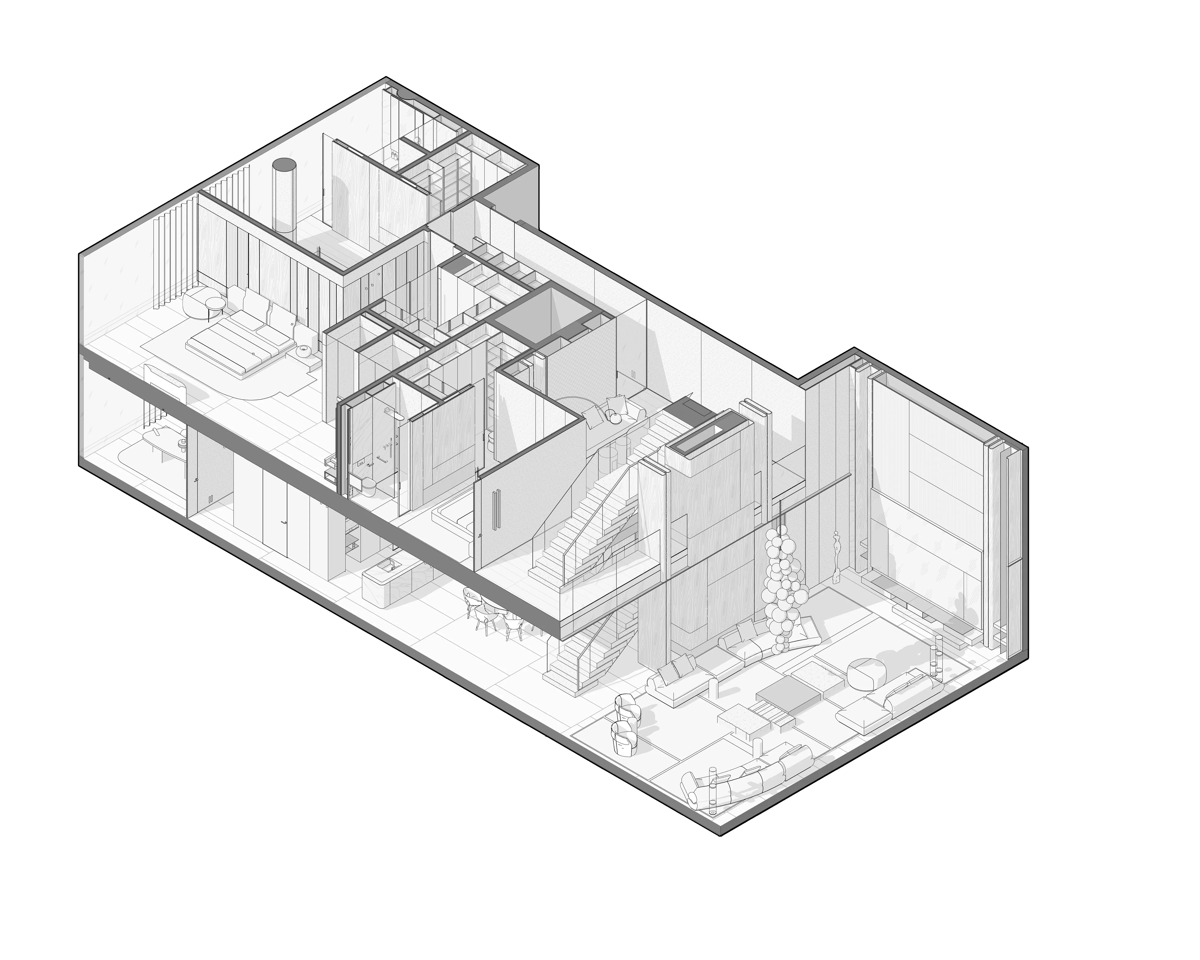 Axonometric drawing of duplex layout with staircase and open living areas, The Lagoon Residents' Club, Dubai