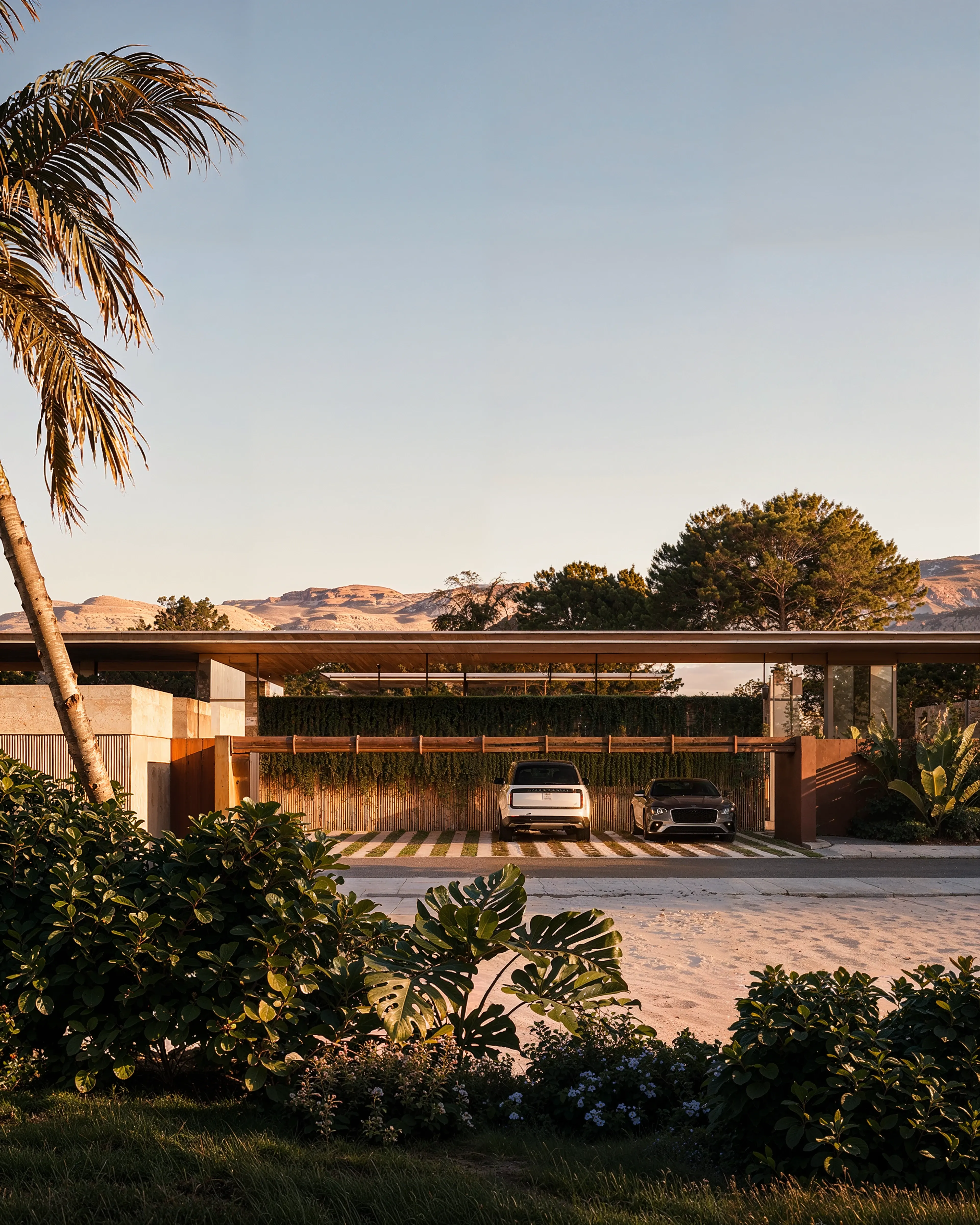 Travertine facade with green planted screen above carport and distant hills, The Desert Pavilion, Riyadh