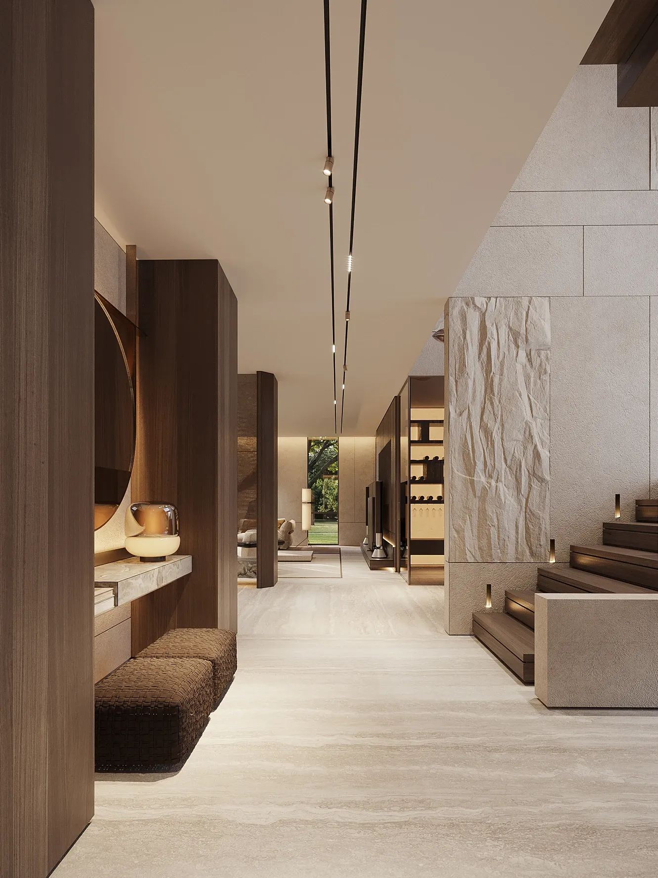Corridor with wood paneling, stone wall and wine storage leading to living area, Saucon Valley Residence, Pennsylvania