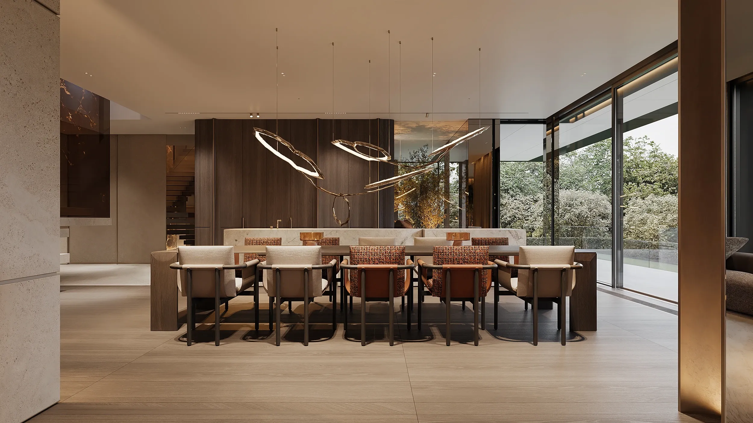 Dining room with sculptural pendant lights and leather chairs at dusk, The Monolith Penthouse, Warsaw
