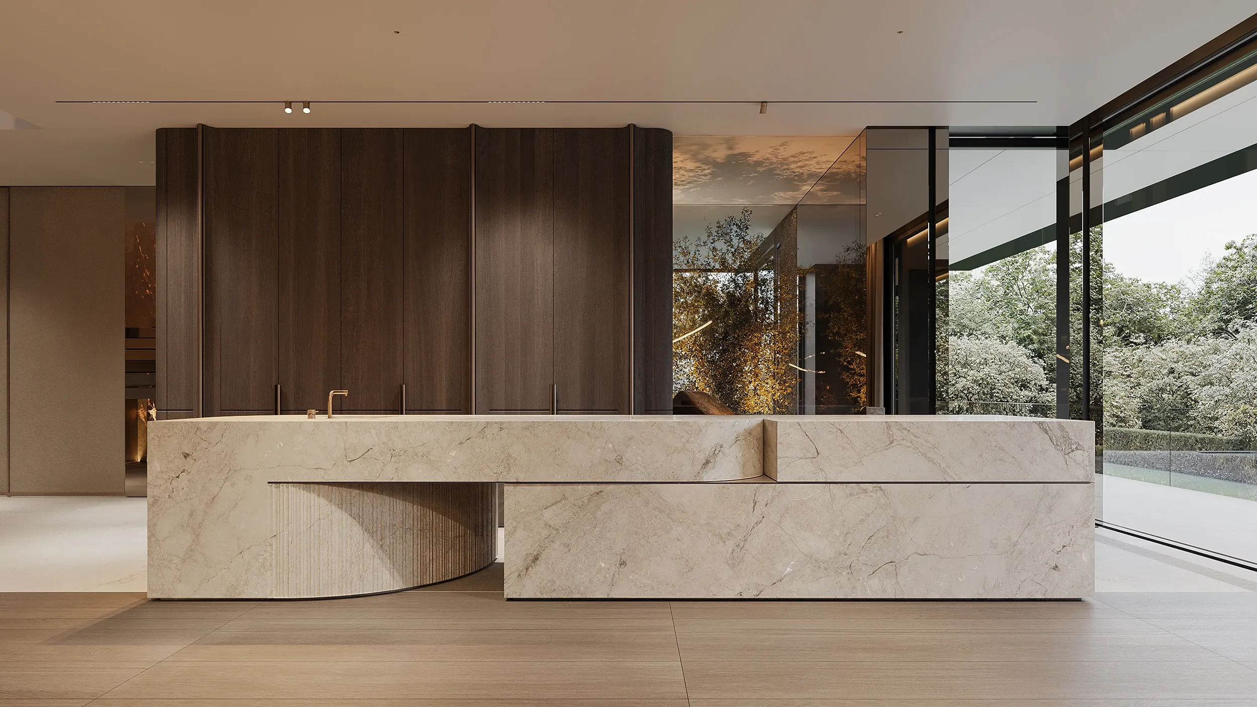 Monolithic marble kitchen island framed by walnut paneling and glass walls, The Monolith Penthouse, Warsaw