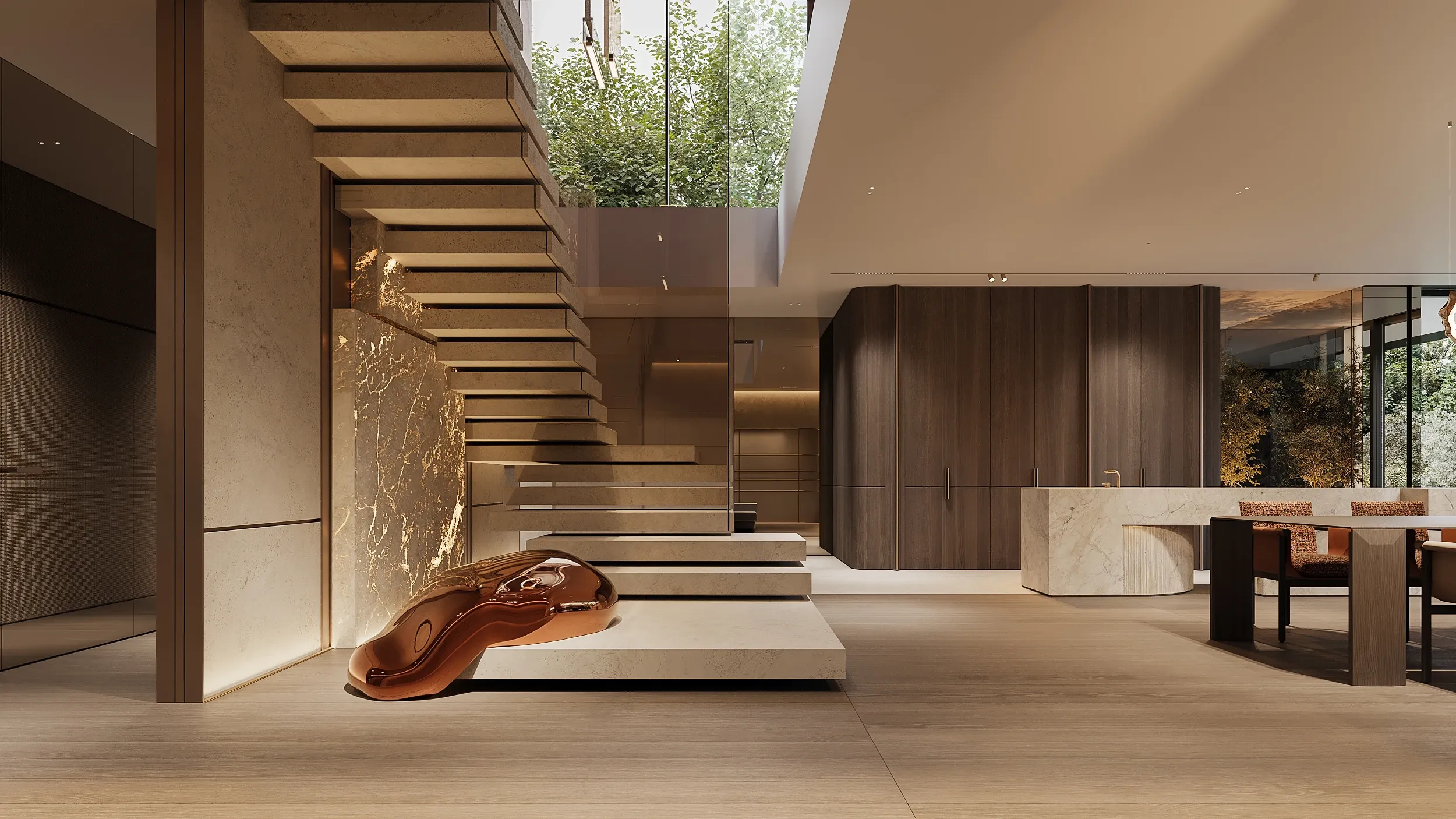 Entrance hall flowing into kitchen and dining area, The Monolith Penthouse, Warsaw