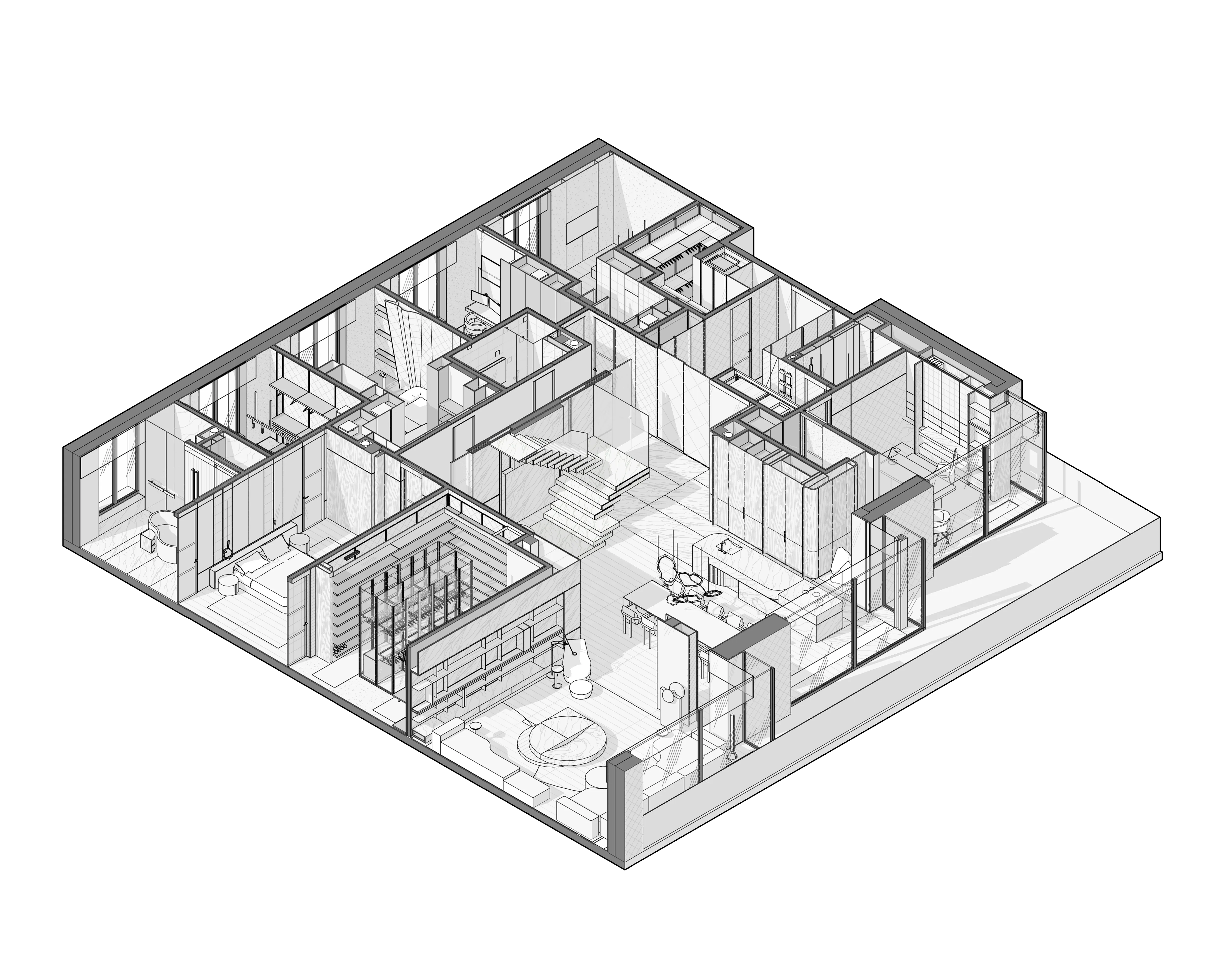 Axonometric drawing of penthouse floor layout, The Monolith Penthouse, Warsaw