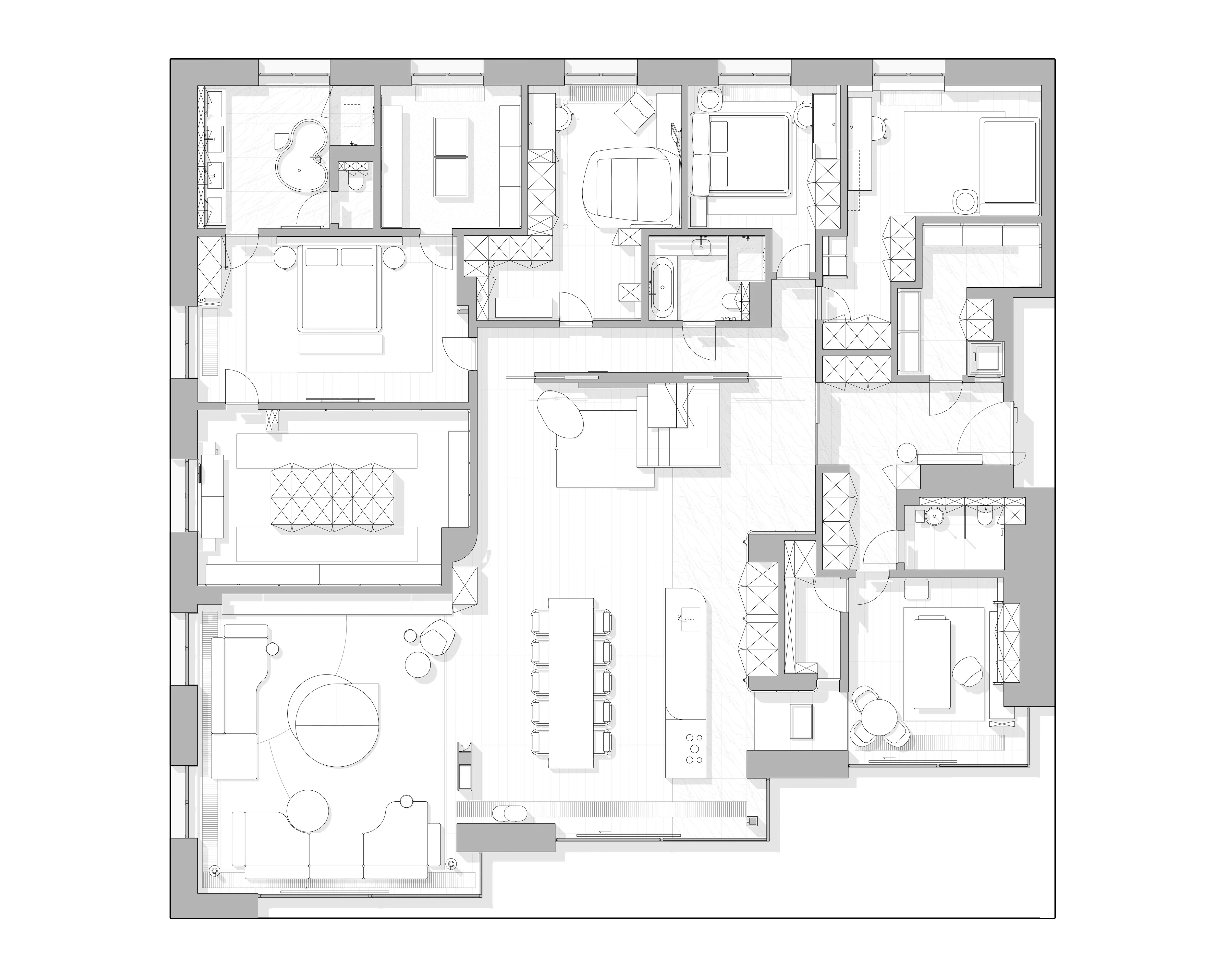 Floor plan showing bedrooms, kitchen and living areas, The Monolith Penthouse, Warsaw