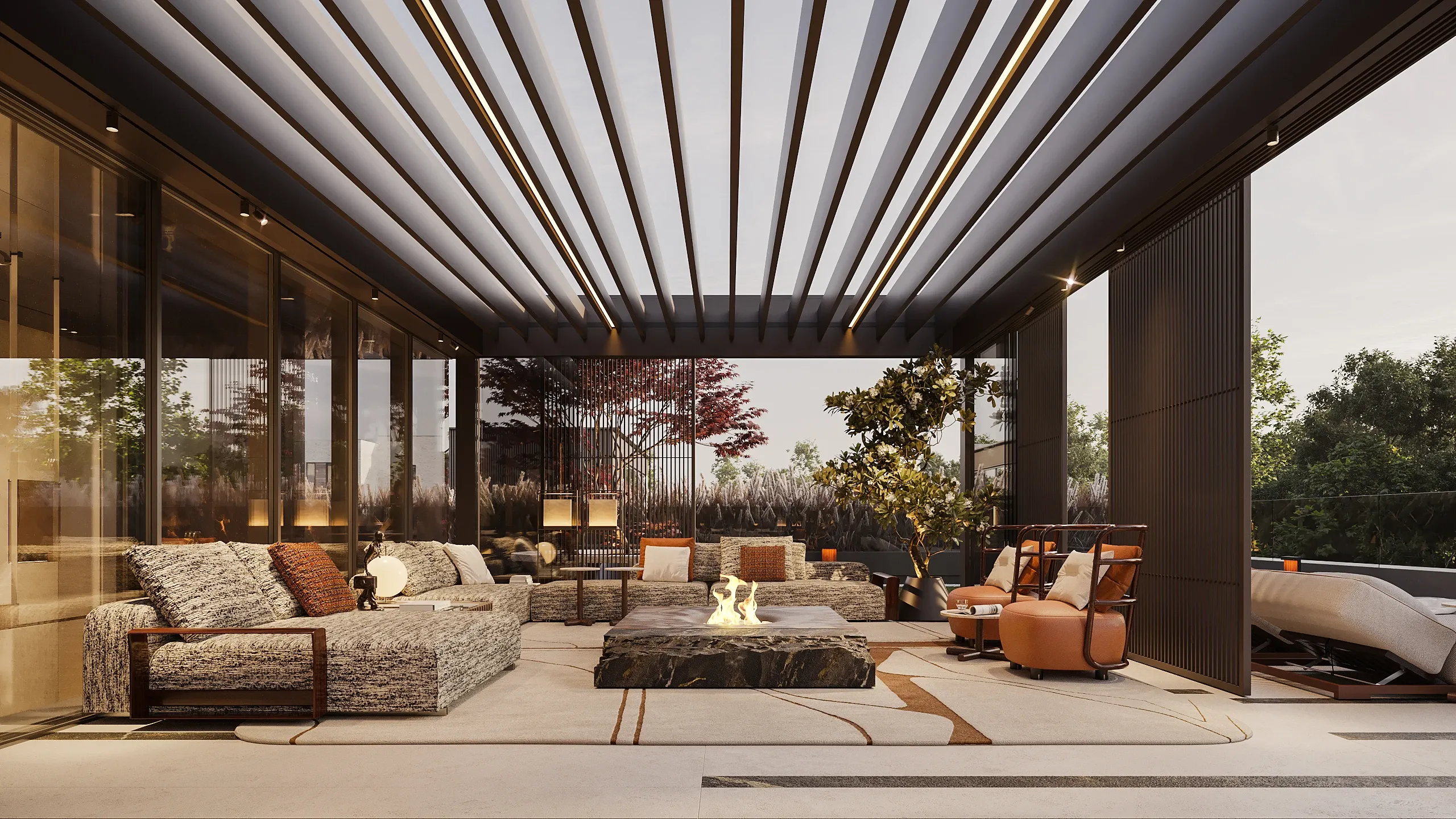 Rooftop lounge with stone fire pit and slatted pergola at dusk, The Monolith Penthouse, Warsaw