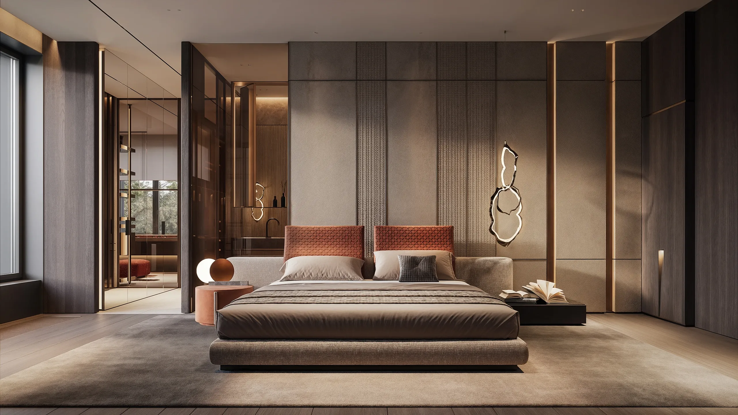 Primary bedroom with platform bed and view into ensuite bathroom, The Monolith Penthouse, Warsaw
