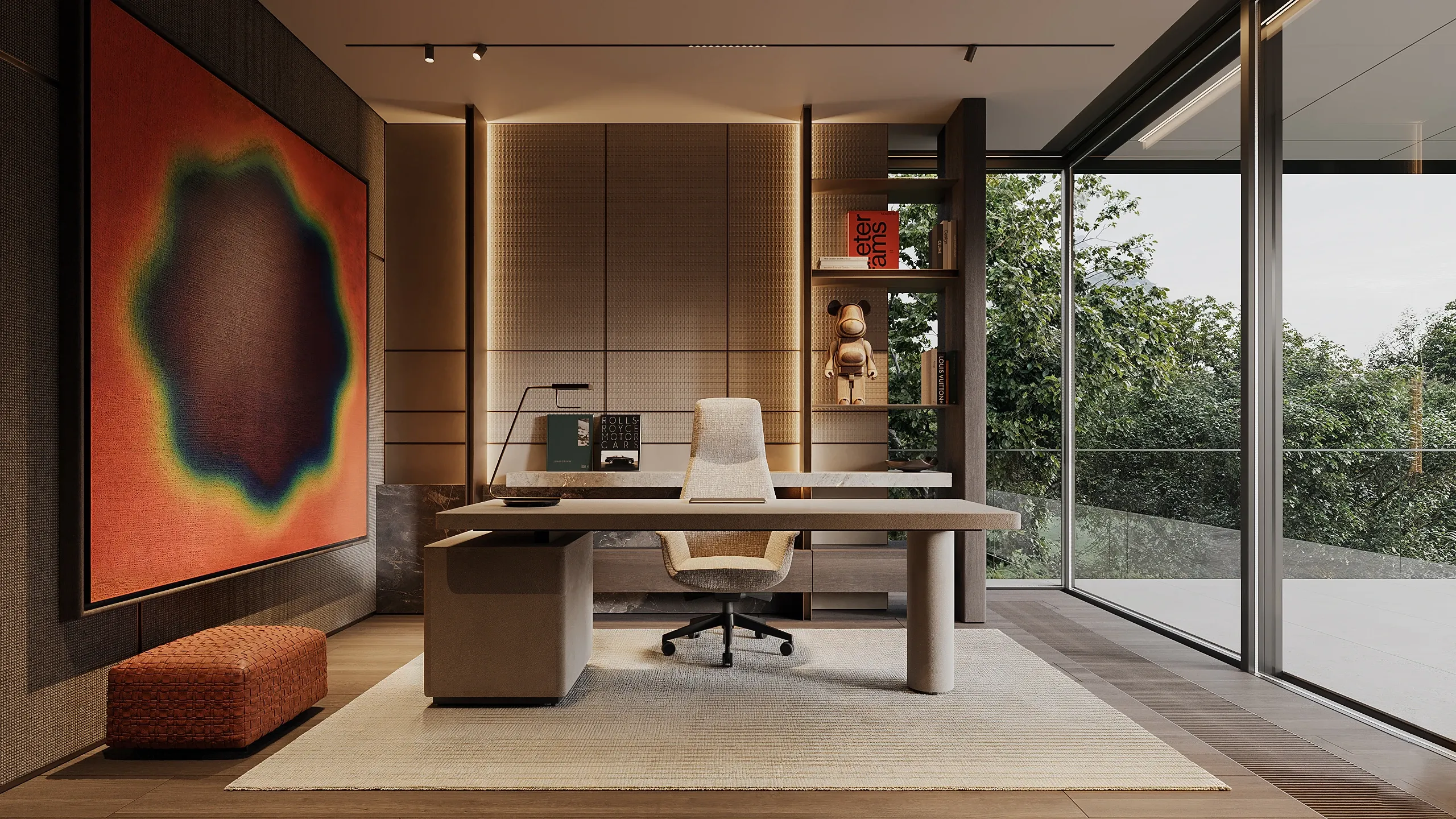 Study with orange artwork and floor-to-ceiling window onto trees, The Monolith Penthouse, Warsaw