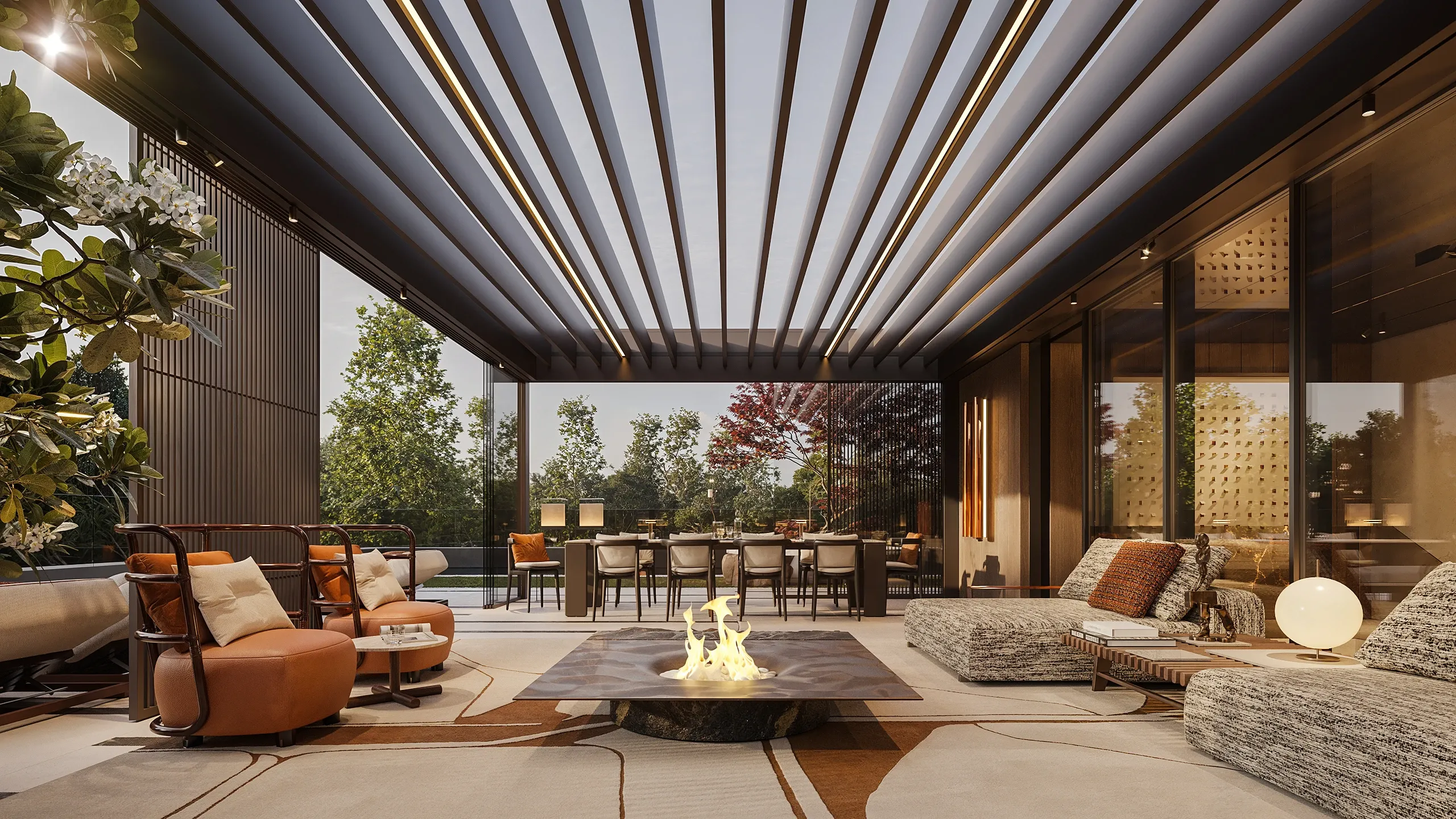 Rooftop terrace lounge with fire pit and pergola, The Monolith Penthouse, Warsaw
