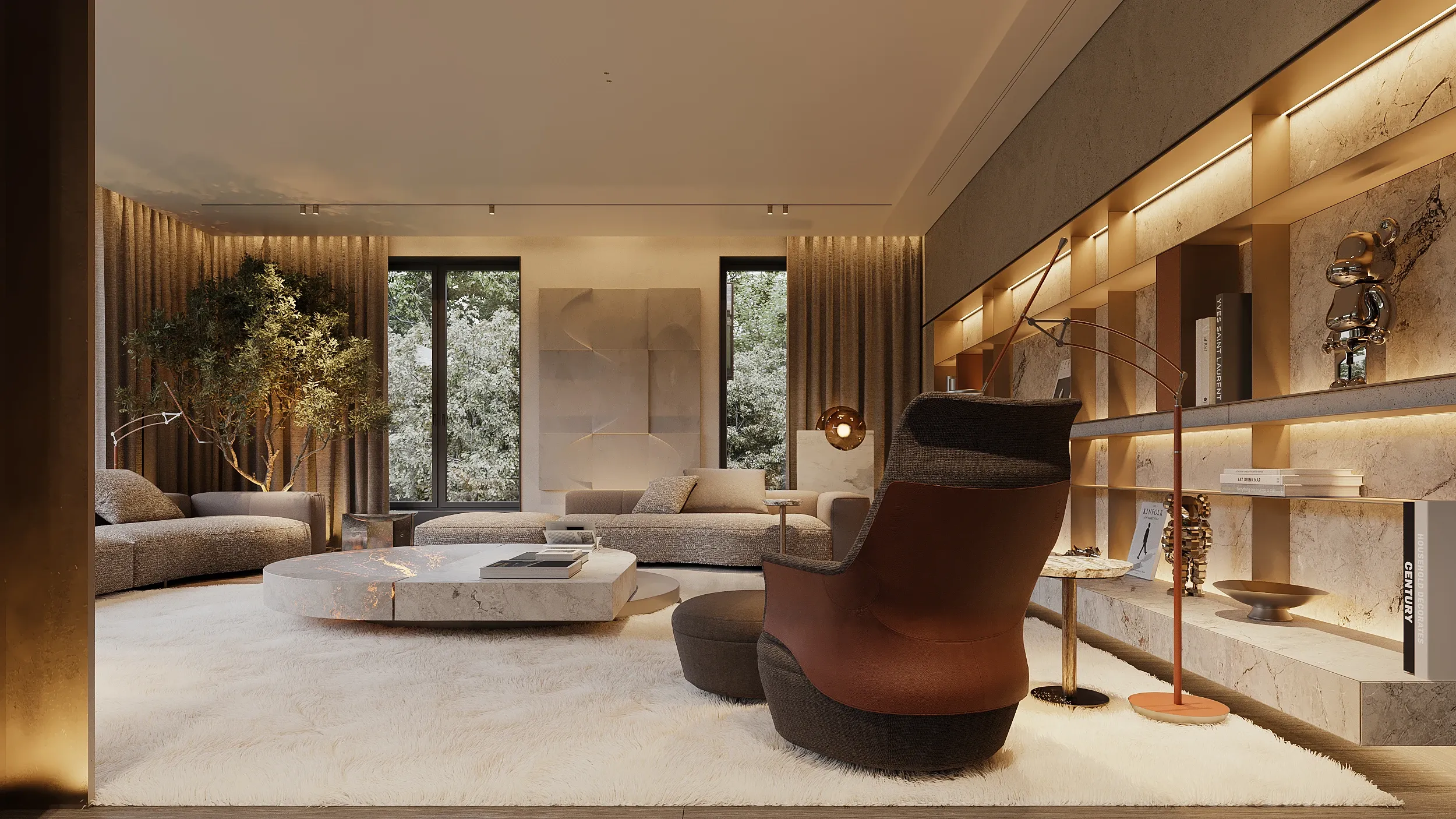 Living room with marble shelving, curved sofa and indoor tree by garden view, The Monolith Penthouse, Warsaw