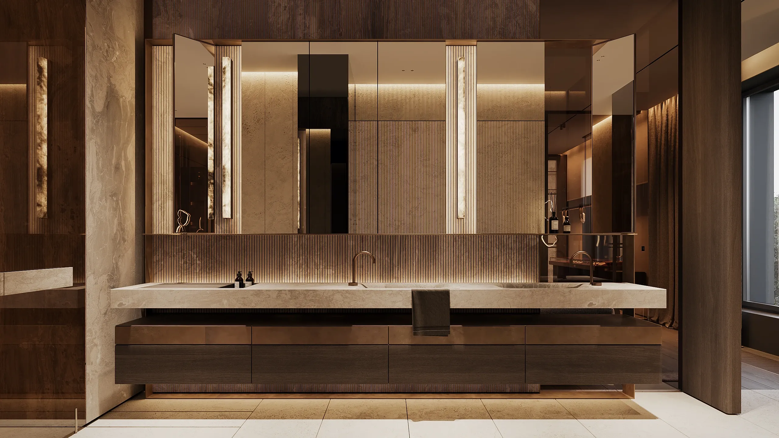 Double vanity with stone counter and backlit mirrors, The Monolith Penthouse, Warsaw