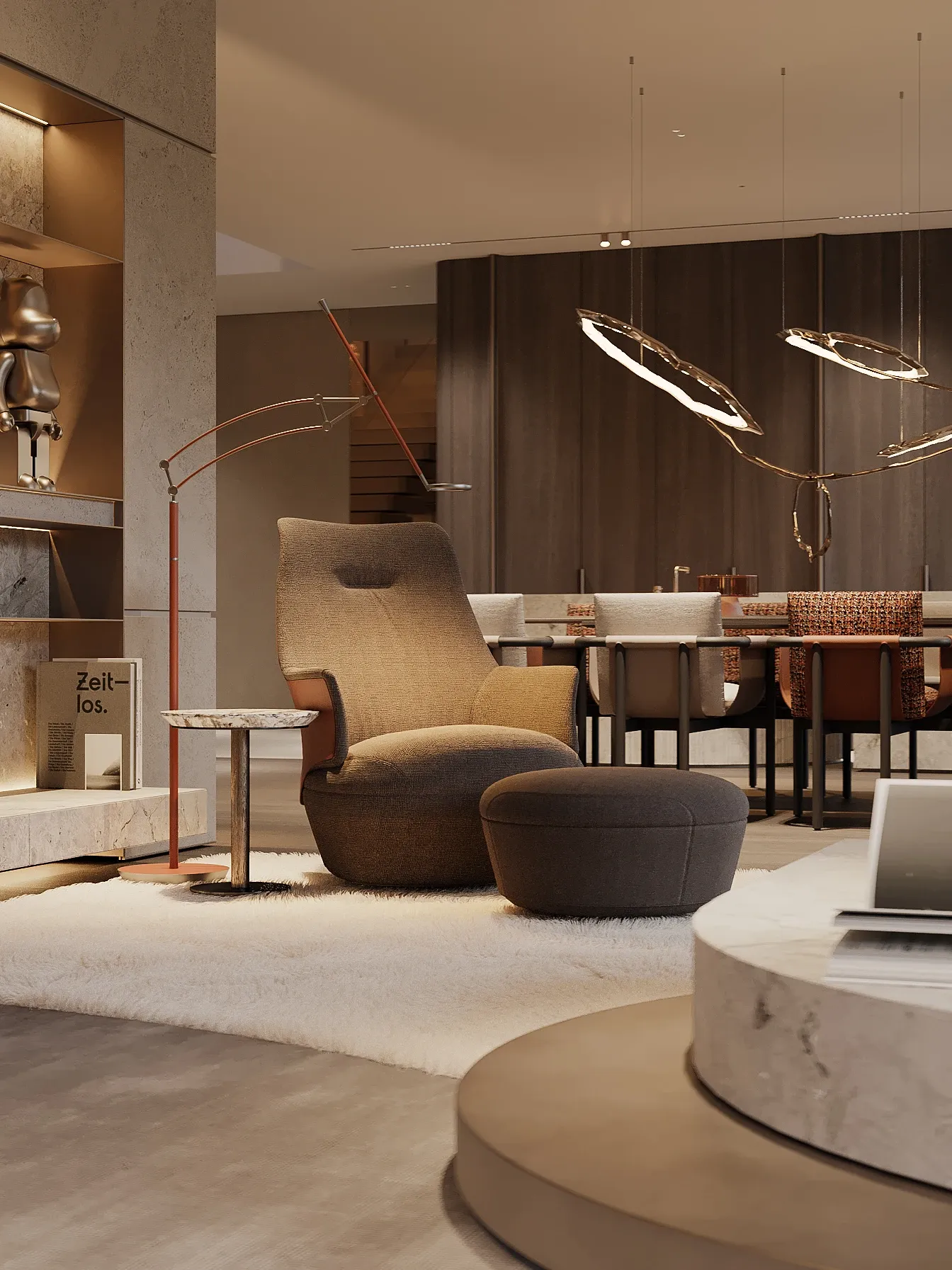 Leather armchair and marble side table beneath ring pendant lights near dining area, The Monolith Penthouse, Warsaw
