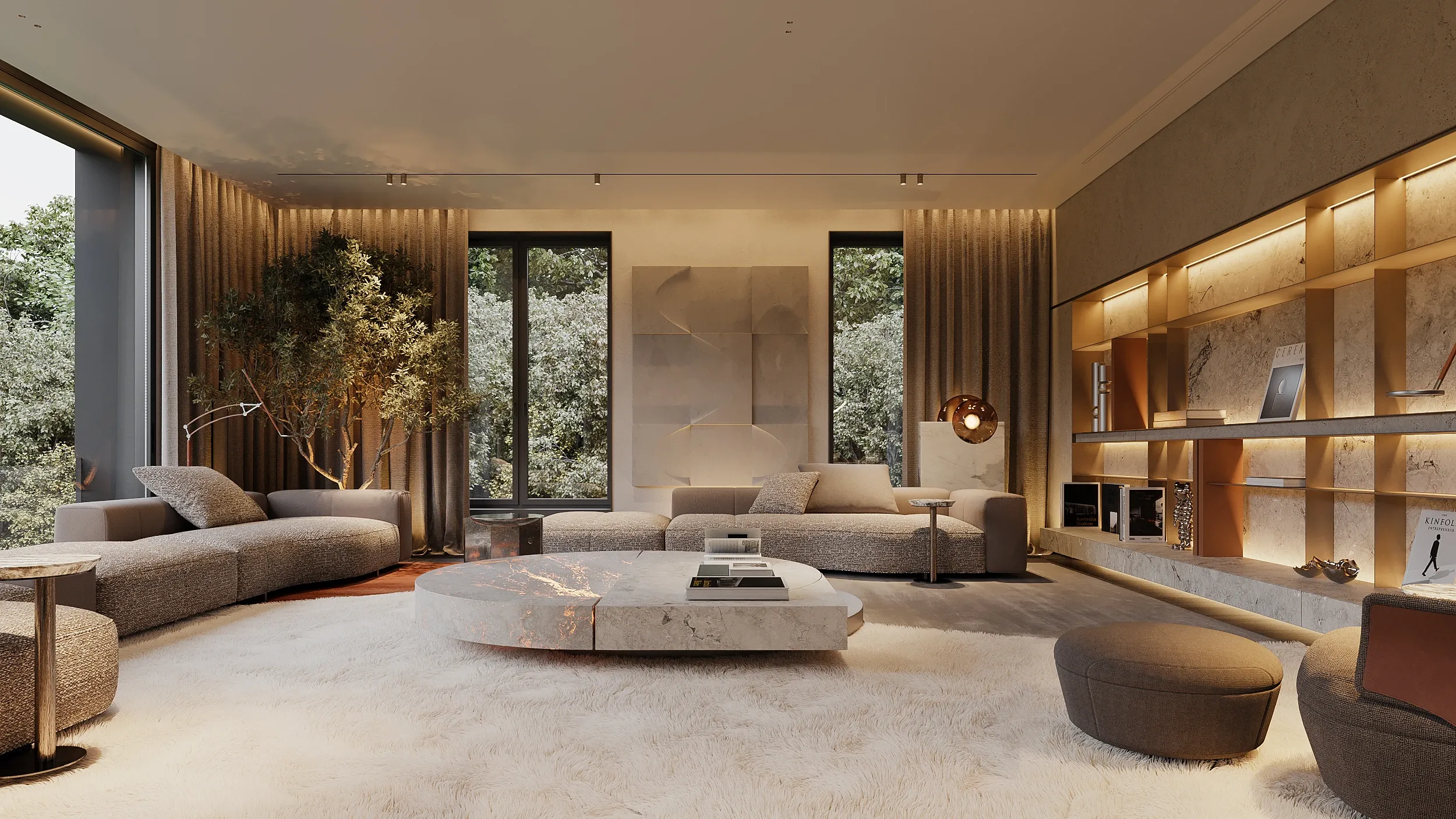 Living room with sectional sofas, illuminated shelving and forest view, The Monolith Penthouse, Warsaw