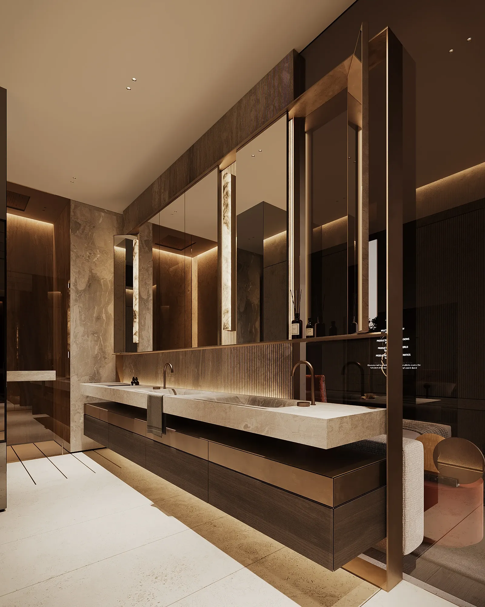Bathroom with stone double vanity and backlit bronze-framed mirror, The Monolith Penthouse, Warsaw