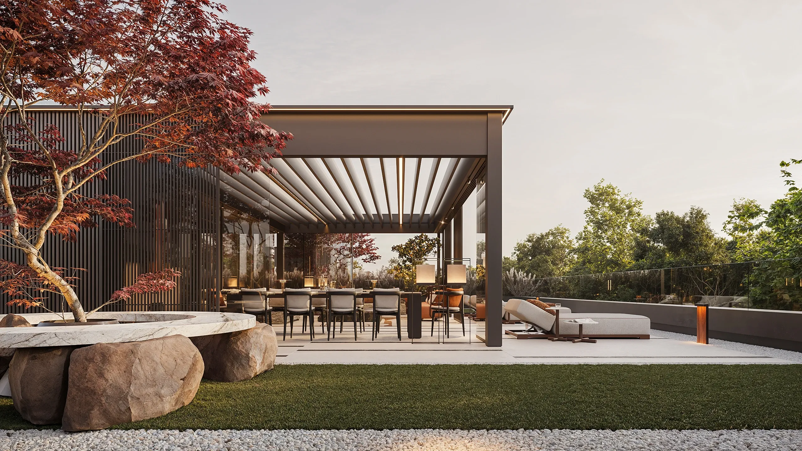 Rooftop terrace with pergola, dining area and stone fire pit, The Monolith Penthouse, Warsaw