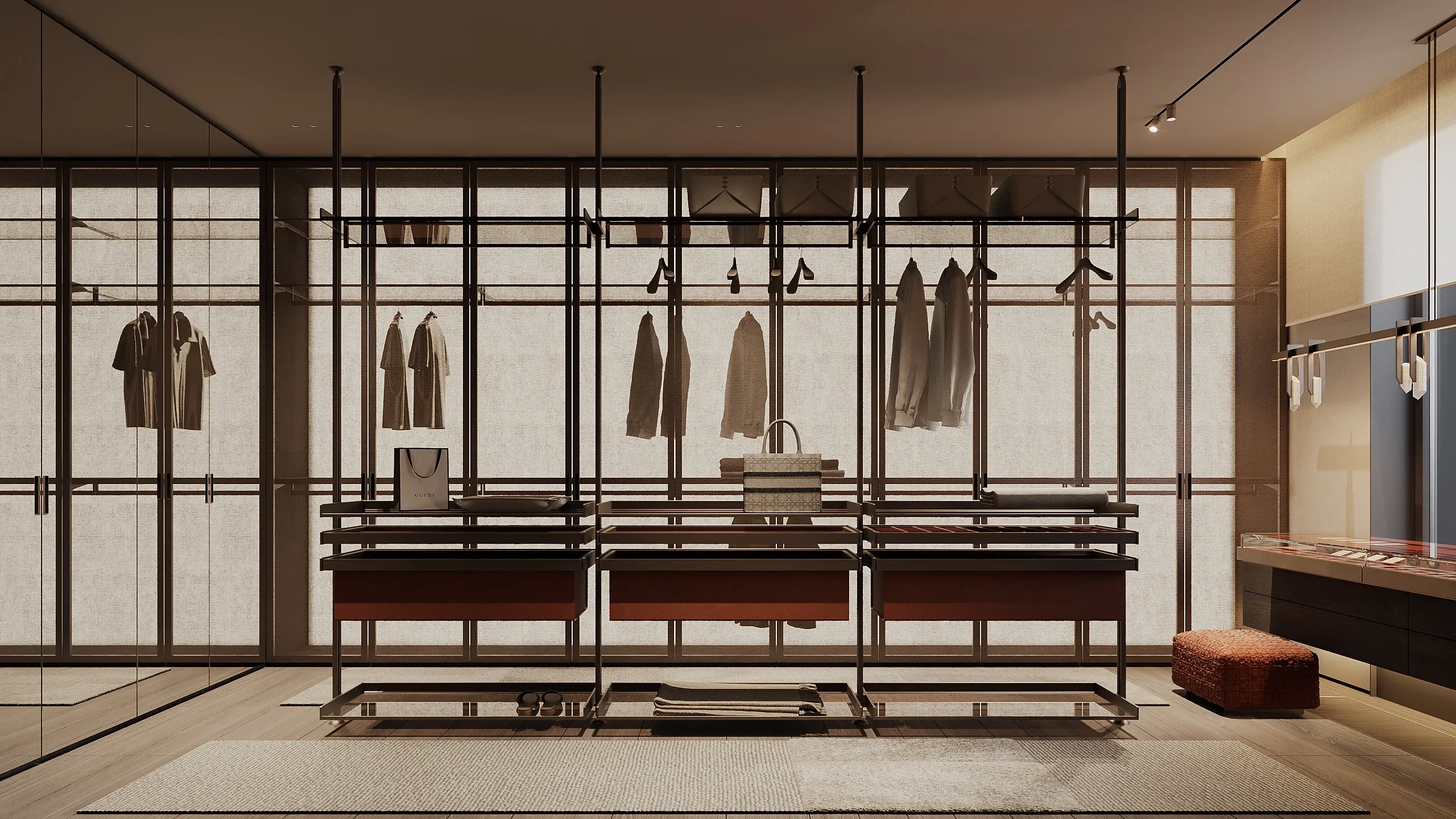 Walk-in dressing room with suspended rails and mirrored wardrobes, The Monolith Penthouse, Warsaw
