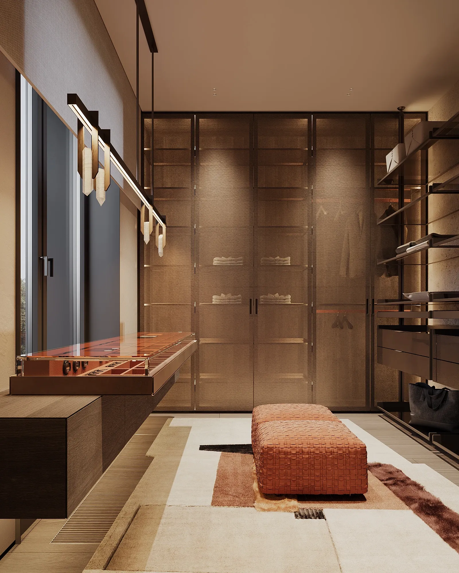 Dressing room with bronze glass wardrobes and orange ottoman, The Monolith Penthouse, Warsaw