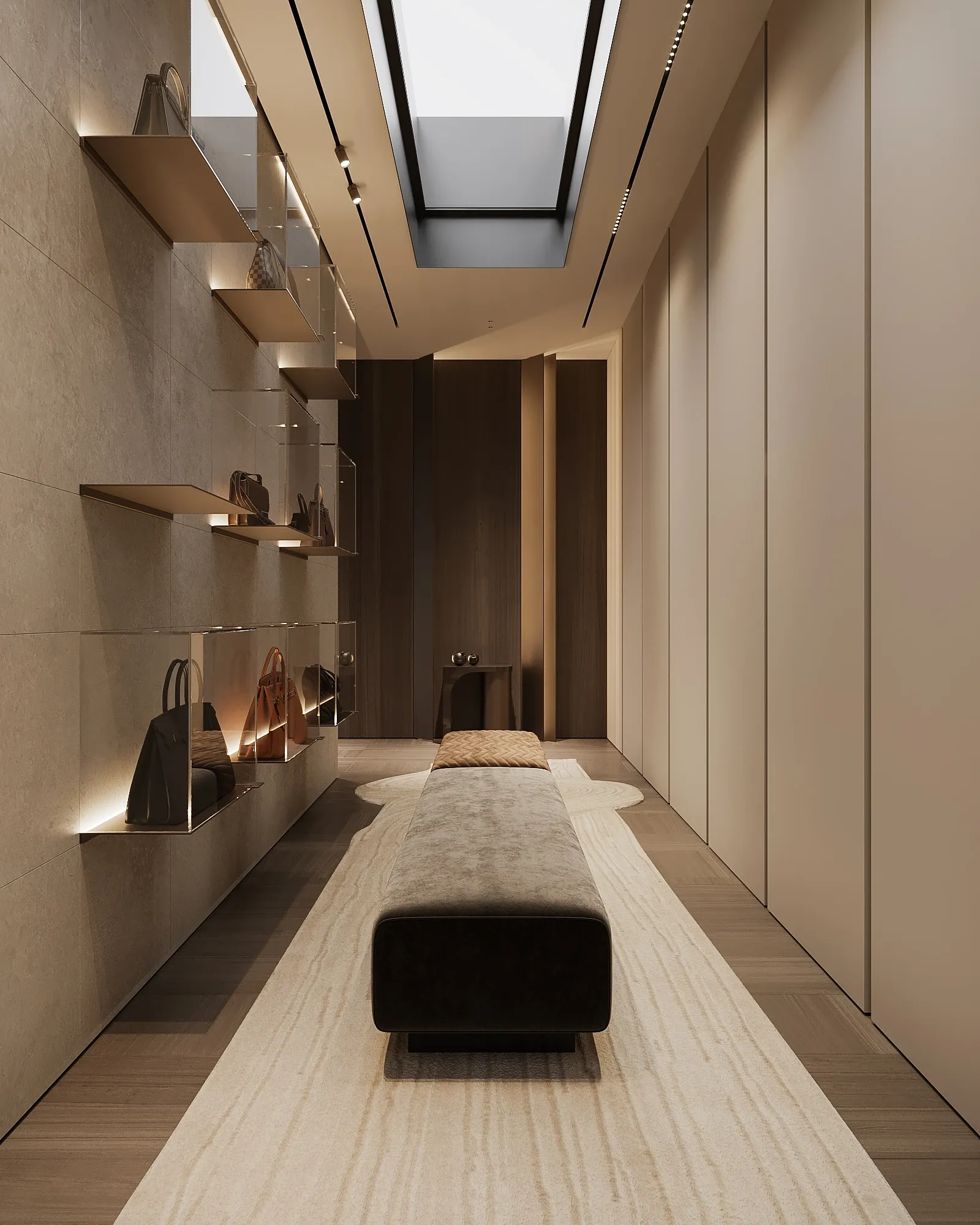 Dressing room with skylight, backlit shelves and wardrobe panels, The Evergreen Residence, Warsaw