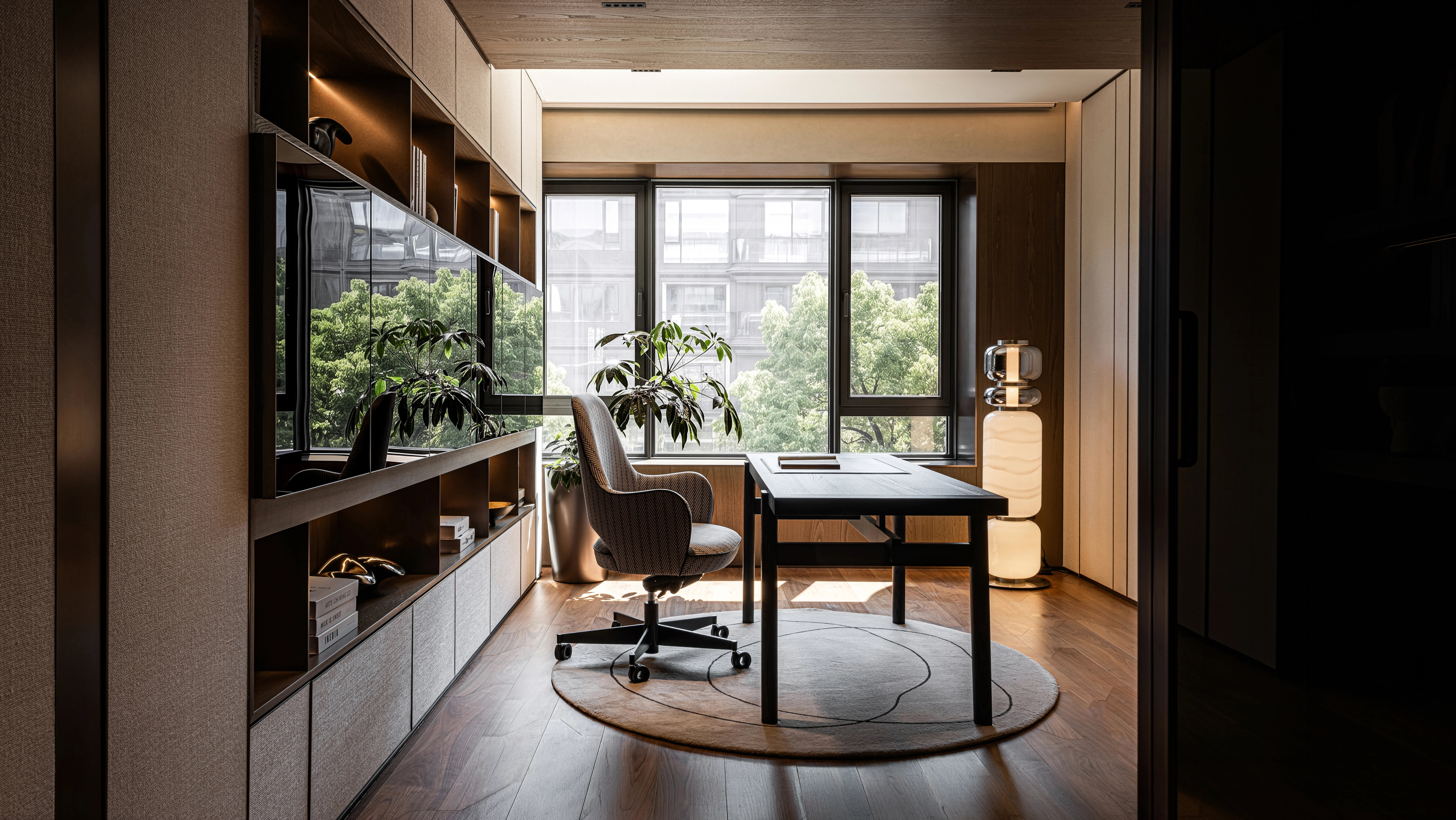 Home office with built-in storage, desk and window view, The Amber Residence, Beijing