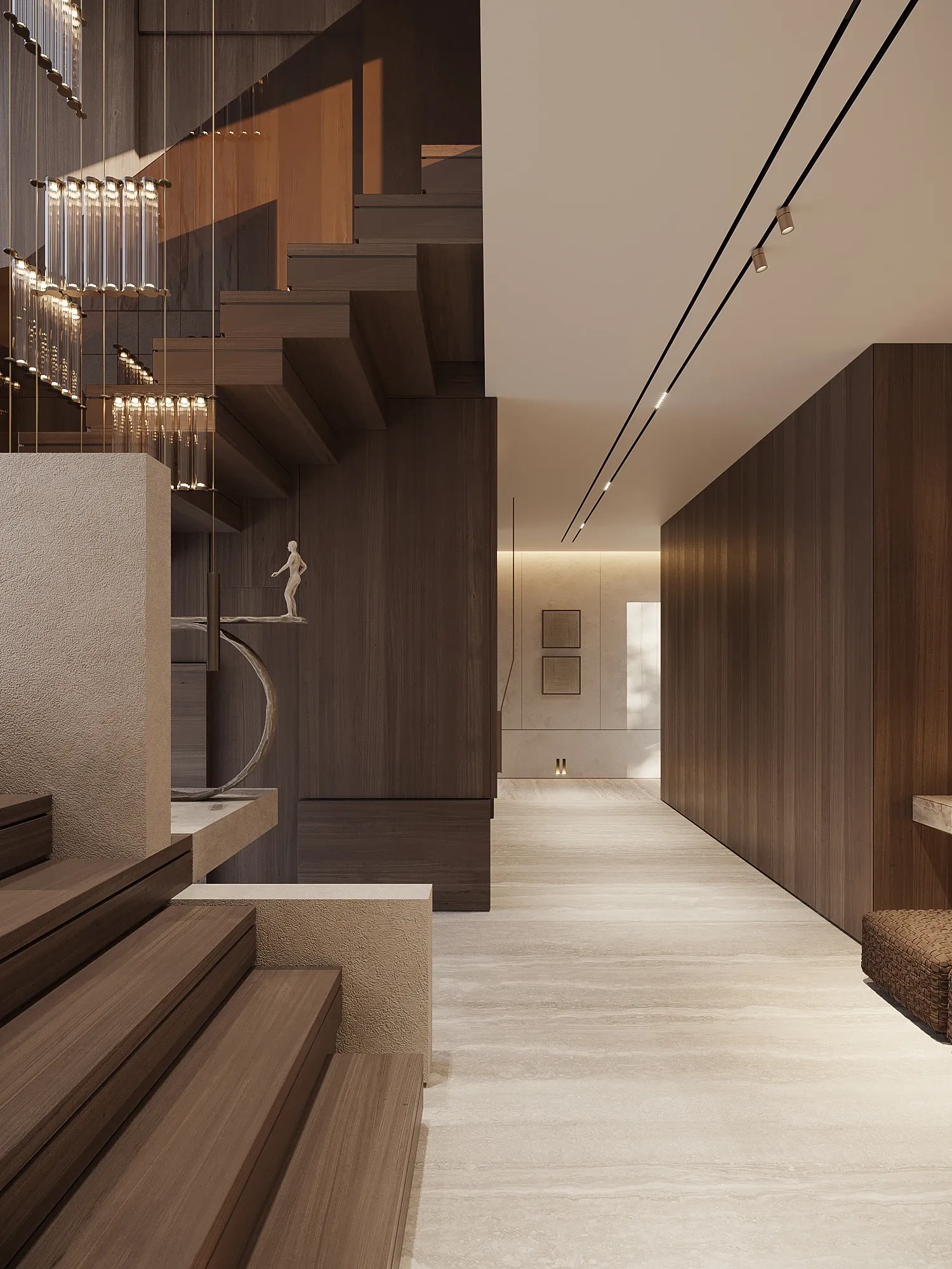 Timber-clad hallway with wine display, stone stair and bronze sculpture, Saucon Valley Residence, Pennsylvania
