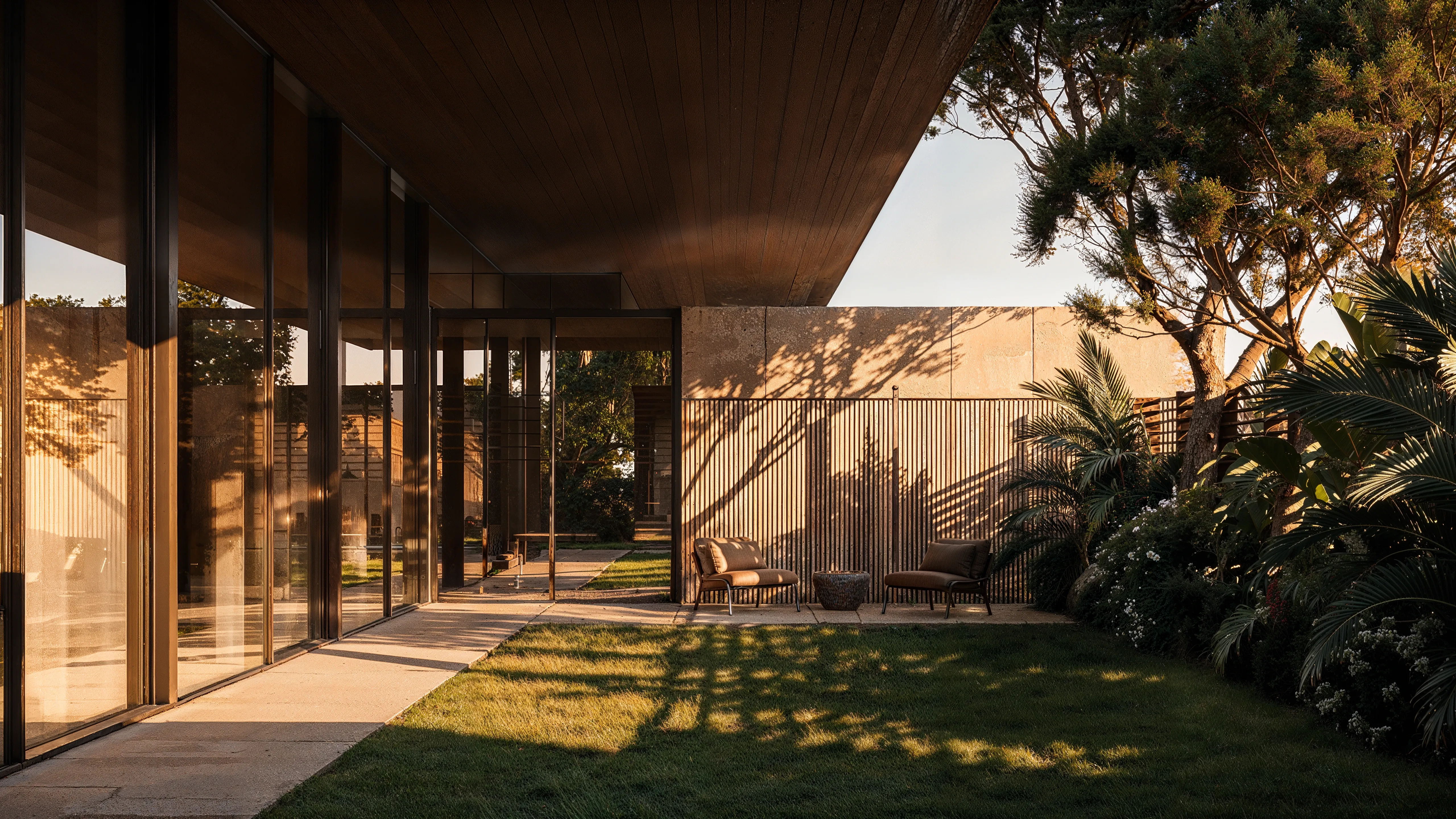 Covered walkway opening to courtyard with lounge chairs at dusk, The Desert Pavilion, Riyadh