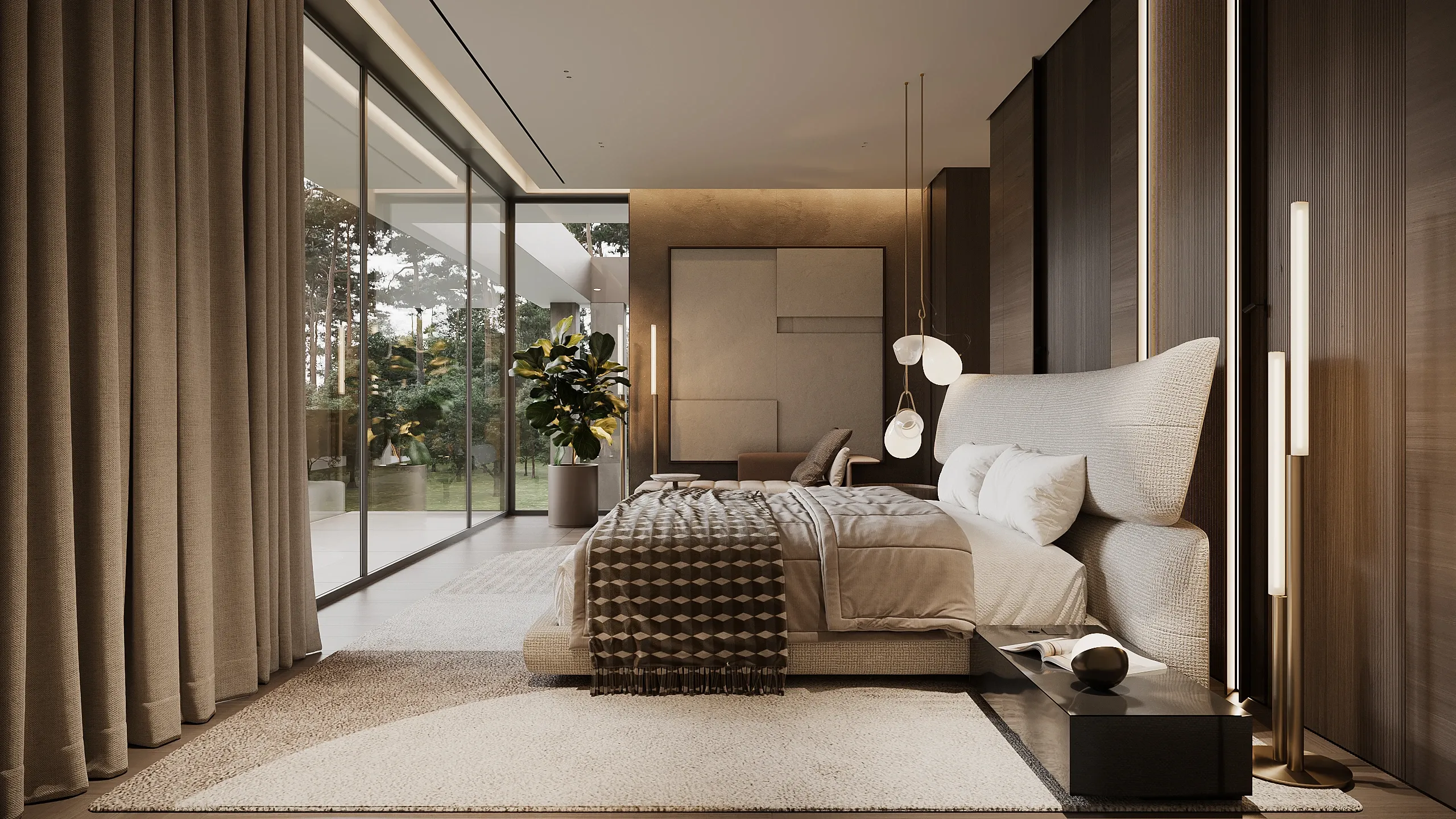 Bedroom with upholstered bed and glazed wall onto forest, The Evergreen Residence, Warsaw